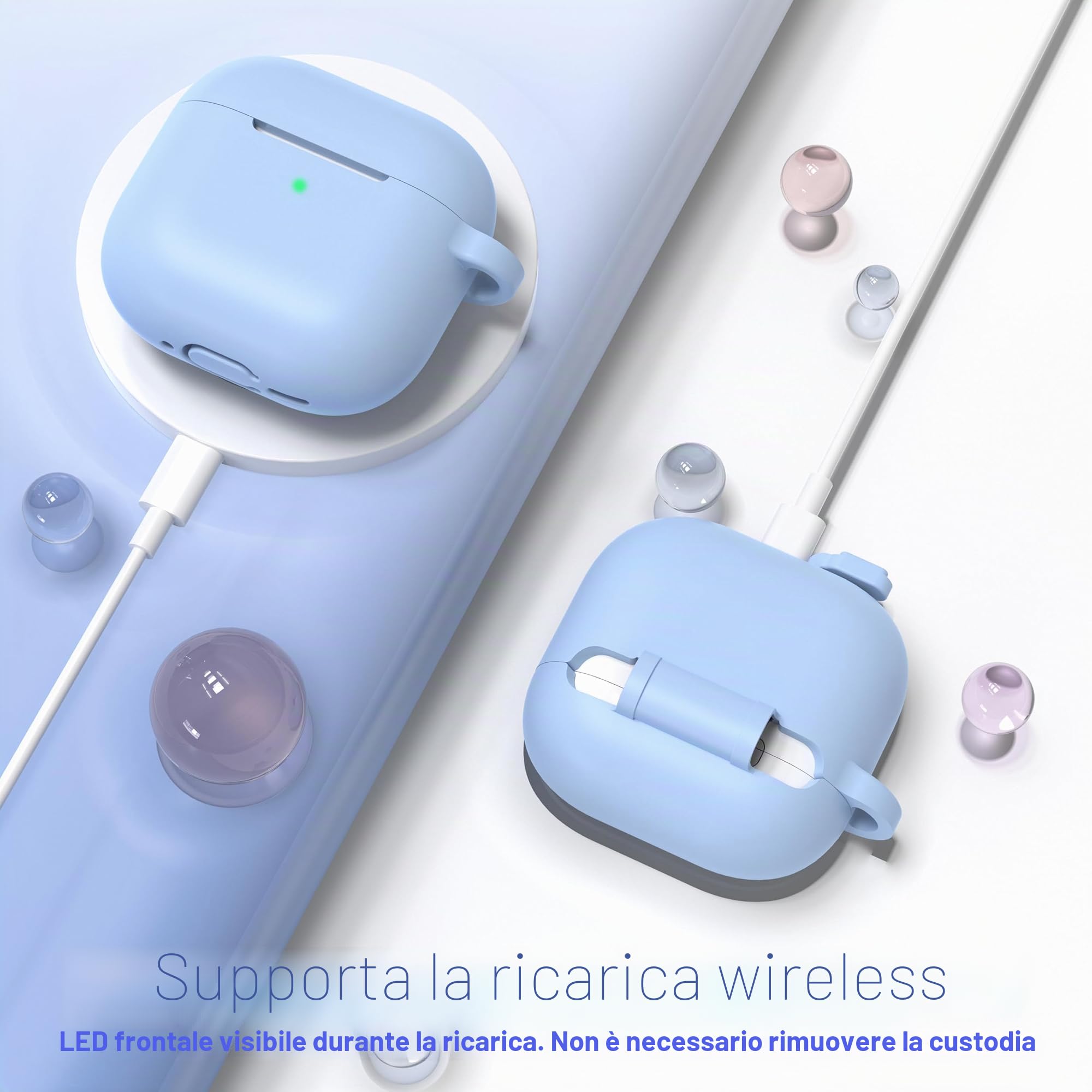 Custodia AirPods 4 2024 Silicone Morbido Grado Militare con Portachiavi Azzurro Cielo