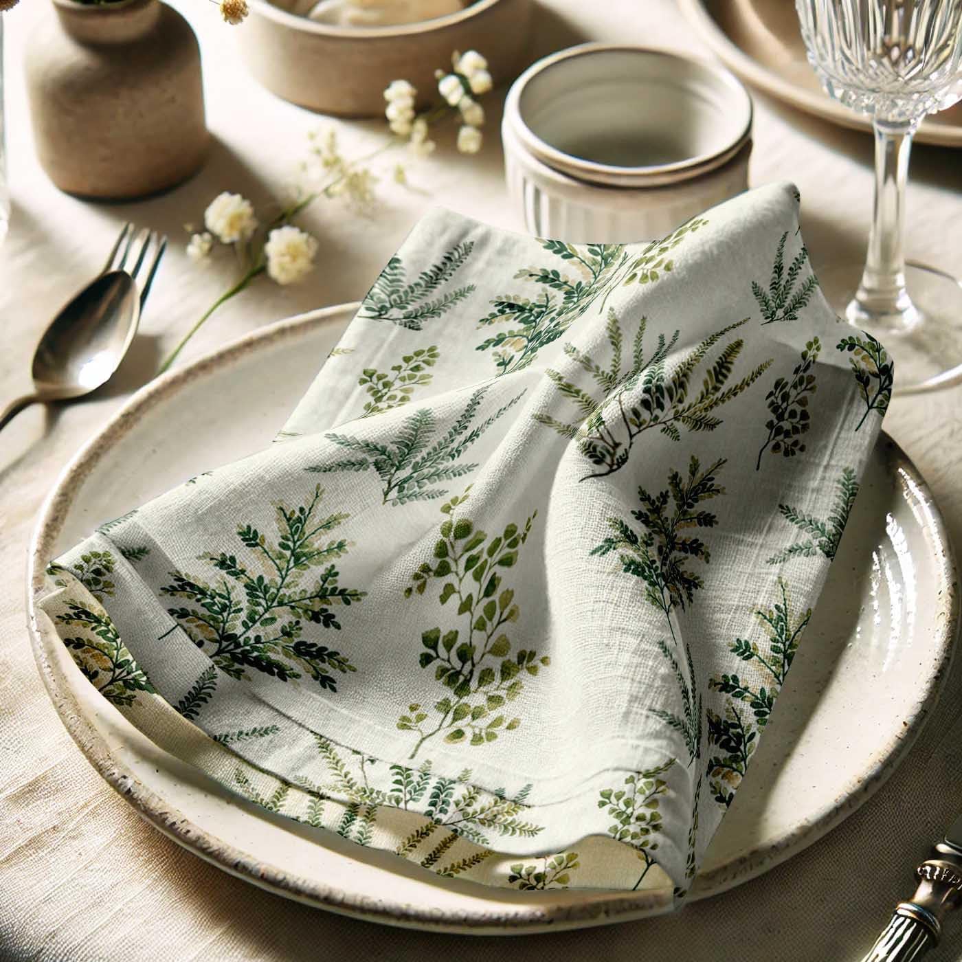 Green Fern Botanical Cotton Muslin Napkins - Set of 12, 20-Inch, Elegant & Absorbent, Ideal for Dinner Parties, Home Decor, and Special Occasions - Machine Washable