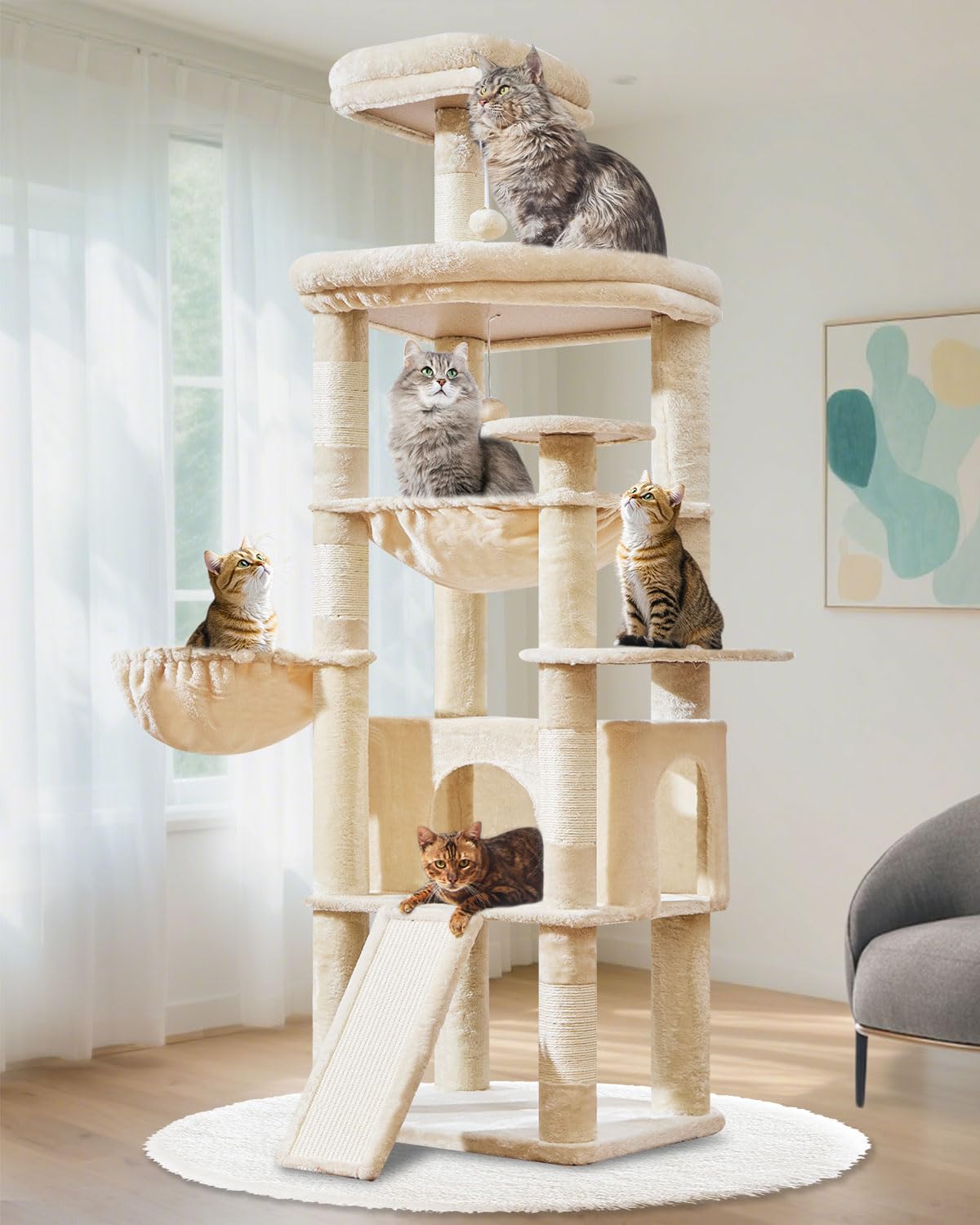 Taoqimiao Cat Tree, 183cm Large Cat Tree for Big Cats Cat Towers for Indoor Cats with 5 Scratching Posts, Spacious Platform, Widened Cat Condo, Metal Hammock, Large Scratch Board, Beige MS045M