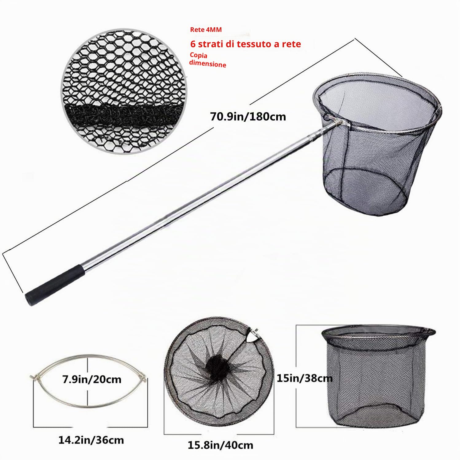 Retino da pesca telescopica da 180 cm, per pesca alla carpa, alla trota, in acciaio inox, con manico lungo, per laghetti