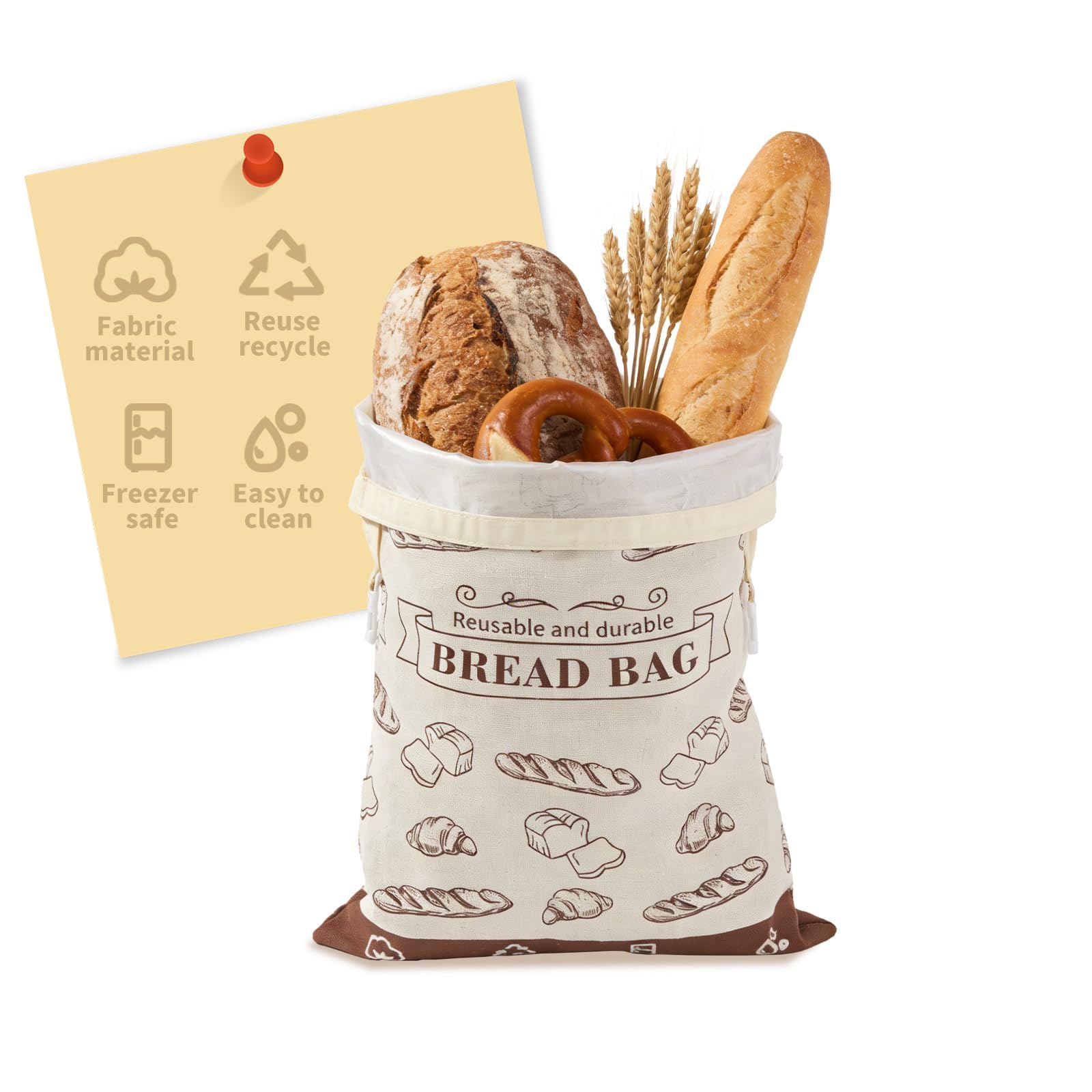 YUUTIAL Bread Bags for Homemade Bread, 43x33cm TPU Lined Reusable Bread Cotton Bag with Buckle Closure, Keeps Fresh Longer Food Eco-Friendly Storage Bag, Kitchen Storage Sacks