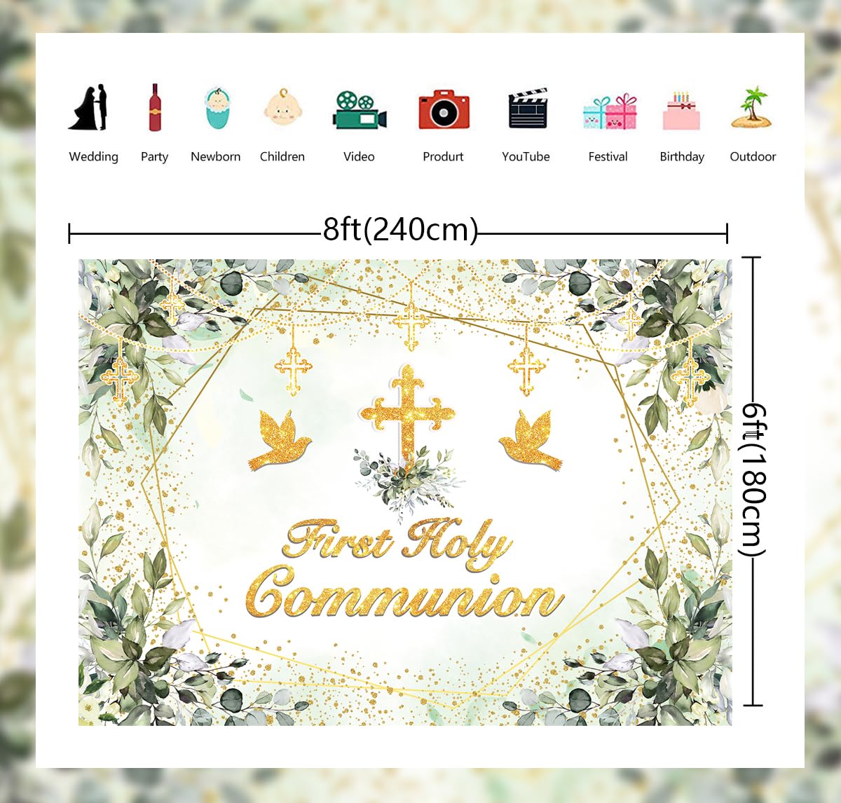Fond de première communion, fond vert pour le baptême, bénédiction divine, croix dorée, feuilles vertes, fête de bébé neutre, décoration, fond (240 x 180 cm)
