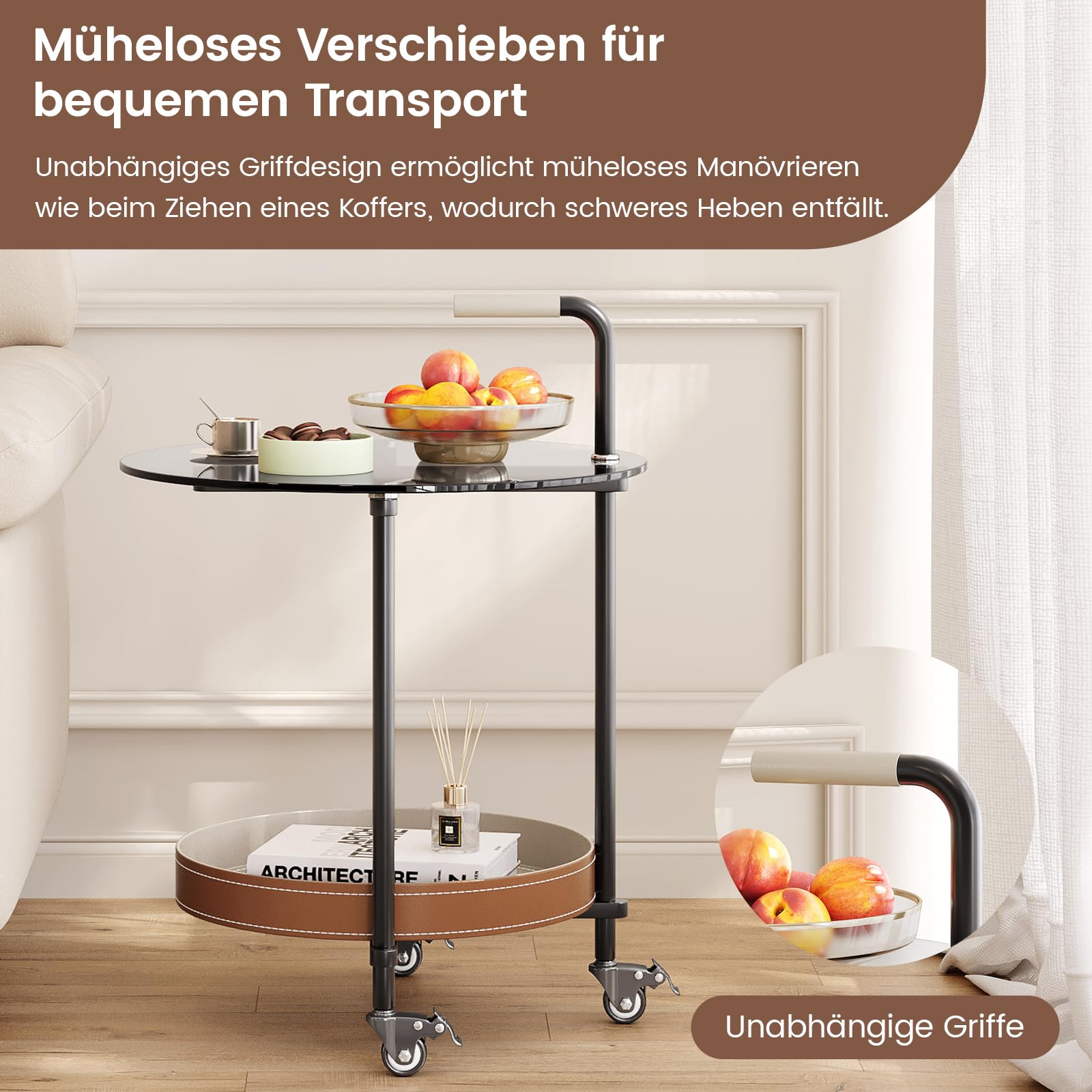 Guyii Beistelltisch mit Rollen, Runder Beistelltisch fürs Wohnzimmer, Mobiler Betttisch auf Rollen, Rolltisch Sofa Tisch, Couchtisch mit Ablage, Teewagen Beistelltische Modern (Stil B)
