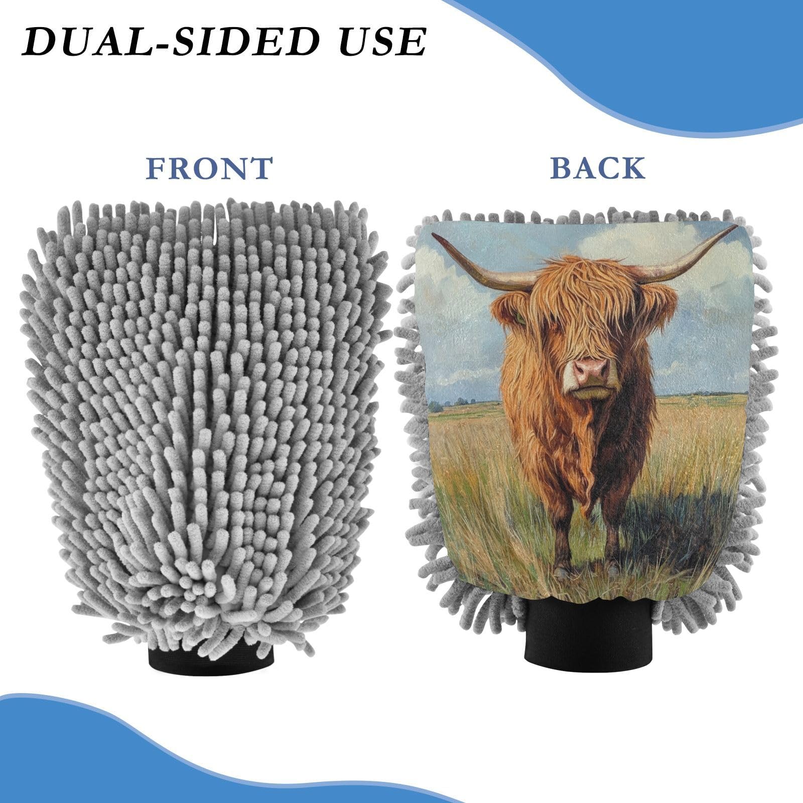 Flradish 2 Pack Highland Cow Car Wash Mitt Chenille Microfiber Lint-Free Scratch Free Ultra-Soft Absorbent Car Wash Mitt 10.2x7.09 Inch