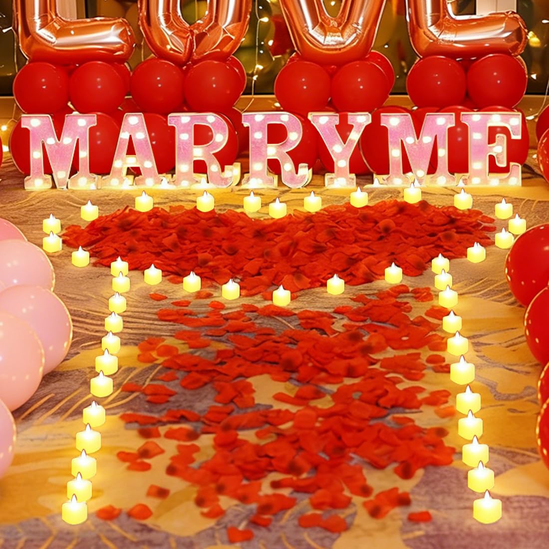 RANJIMA MARRY ME Leuchtbuchstaben als Dekoration für Heiratsanträge, 2000 künstliche Rosenblätter mit 24 Romantischen Flammenlosen Kerzen in Herzform für Hochzeitstag Braut Verlobung Valentinstag