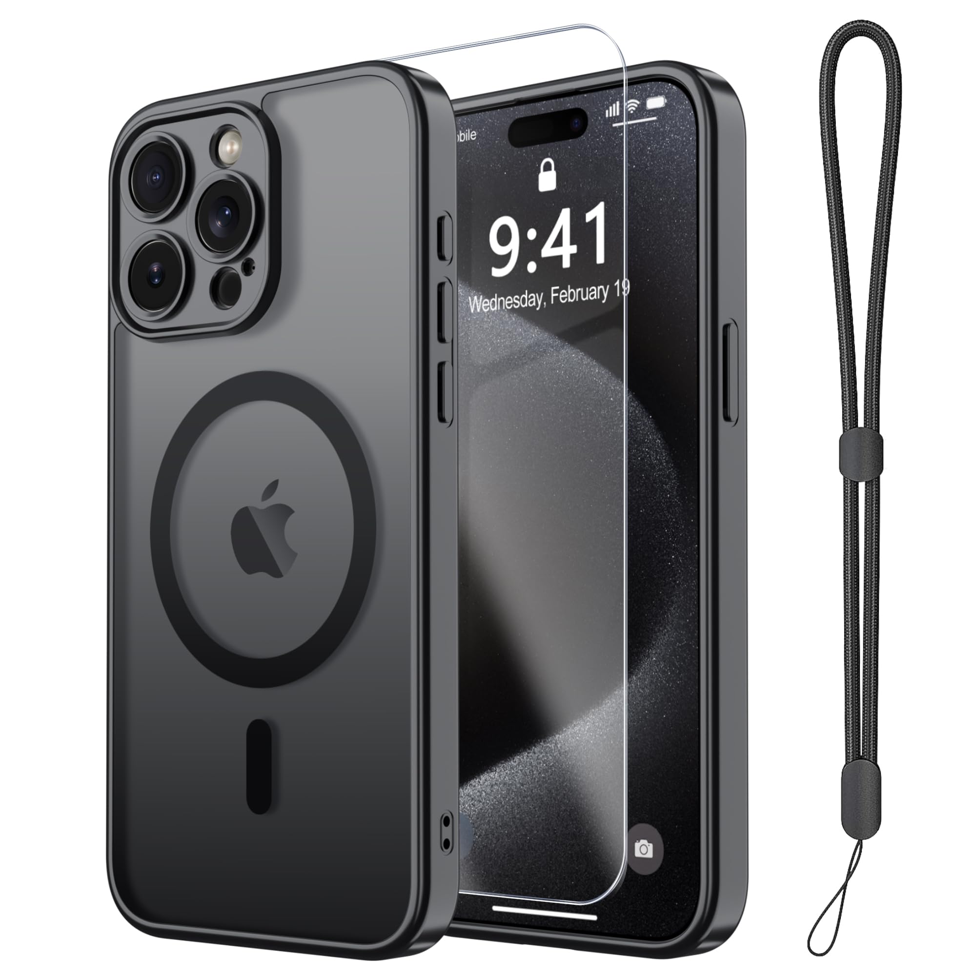 Magnetic Case for iPhone 15 Pro Max Case with Screen Protector+Wrist Strap