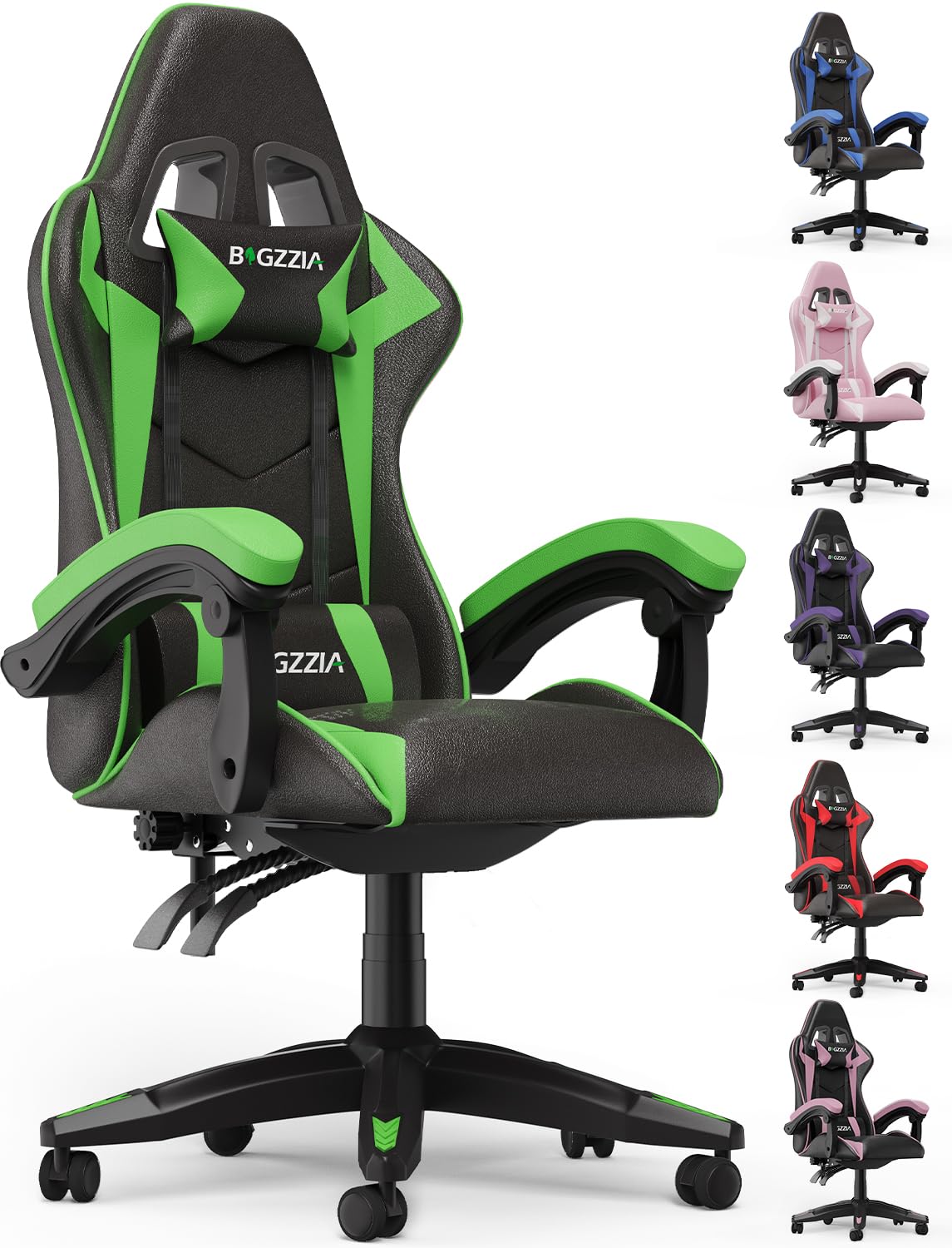 Racingreat Gaming Chair, Ergonomic Computer Racing Chair with Headrest and Lumbar Support, PU Leather High Back Height Adjustable Swivel Game Chairs for Adults (Without Footrest, Black/Green) — image 1