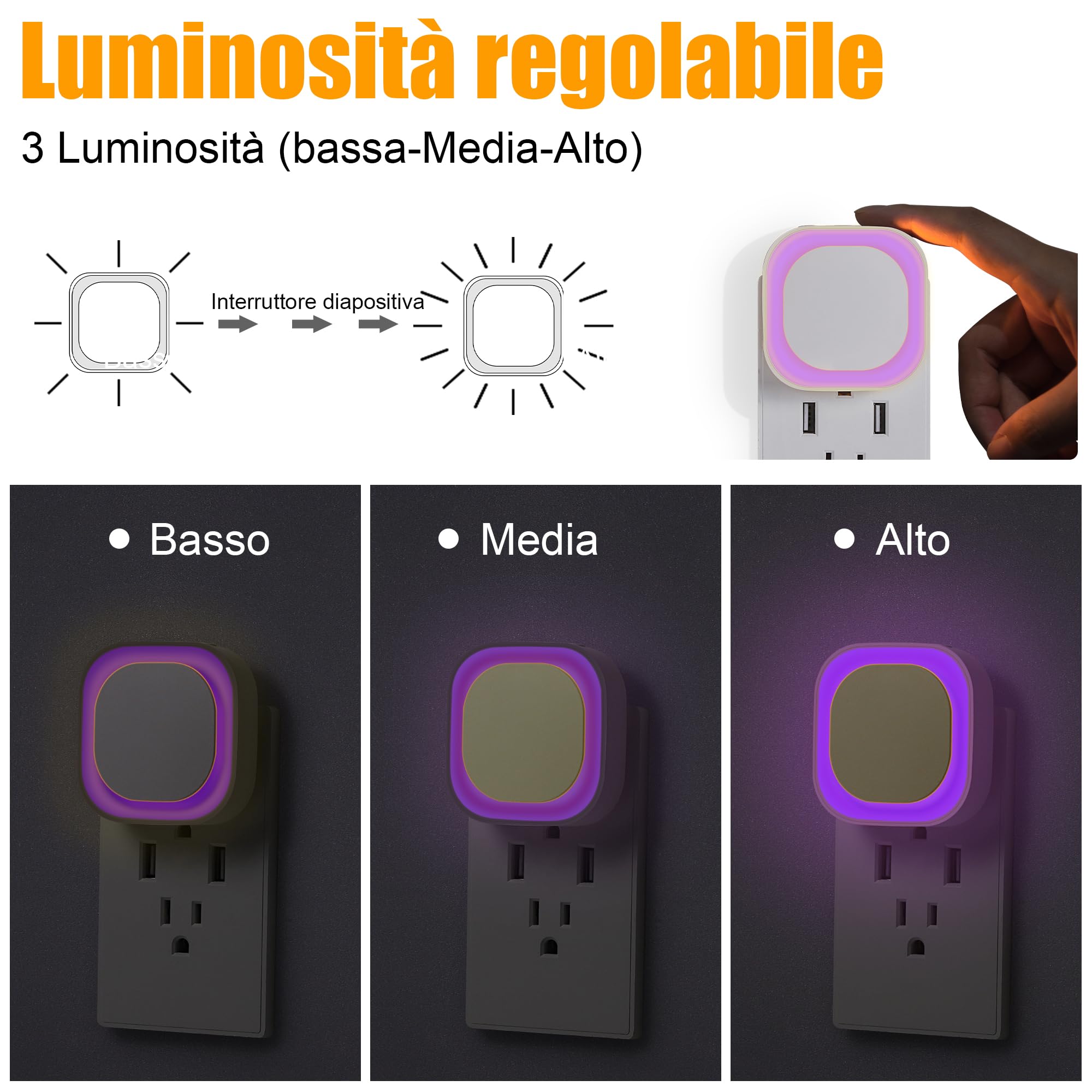 YUNLEX Presa di Luce Notturna con Sensore Crepuscolare, Luce Notturna Bambini 3 livelli di luminosità regolabile per Camera dei Bambini, Bagno, Corridoio, Cucina, Scale (Viola)