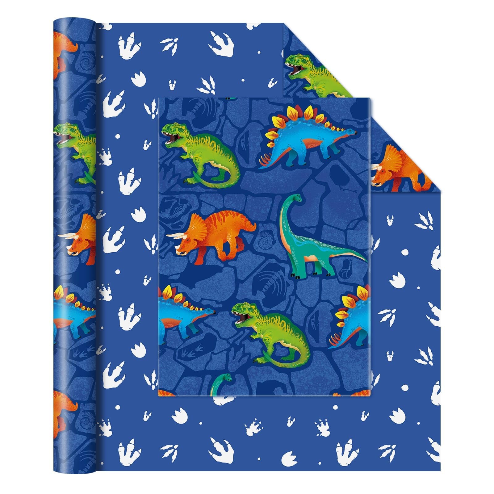 WERNNSAI Dinosaur Wrapping Paper - 1 Roll Dinosaur World Gift Wrapping Paper Kids Boy Birthday Party Gift Packing Supply Blue Boy Baby Shower Reversible Paw Prints Design Decoration 43cm X 10m — image 1