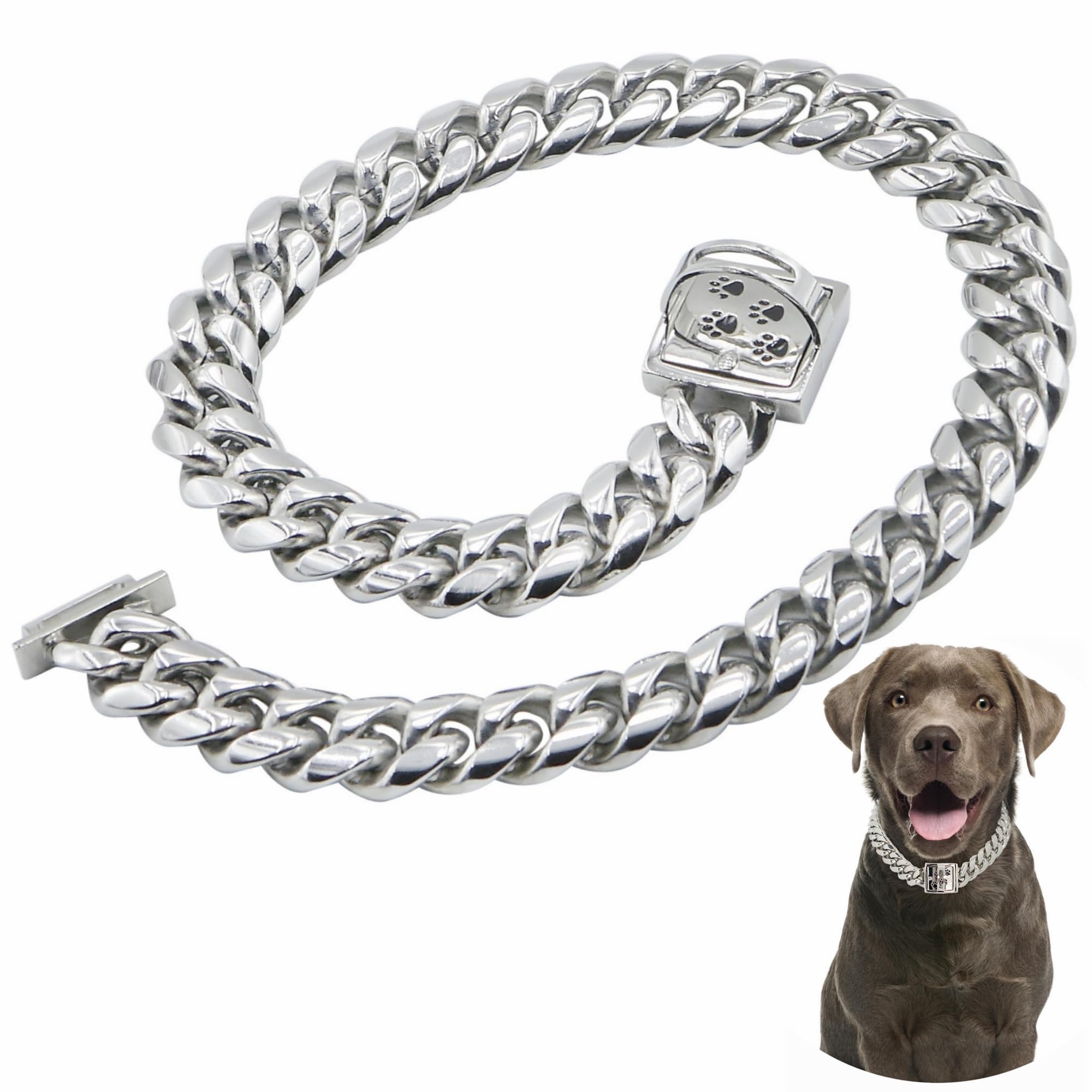QICHENMAO Dog Chain Collar Silver Cuban Link Chain Collar with Secure Buckle Design,15MM Stainless Steel Metal Walking Training Collars, Chew Proof,