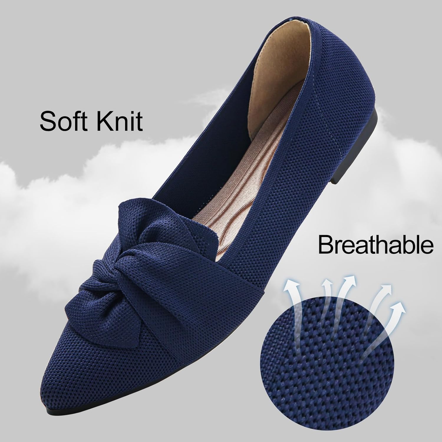 Flats for Womens Pointed Toe Ballet Flats with Bow Comfortable Knit Dressy Flats - Image 5