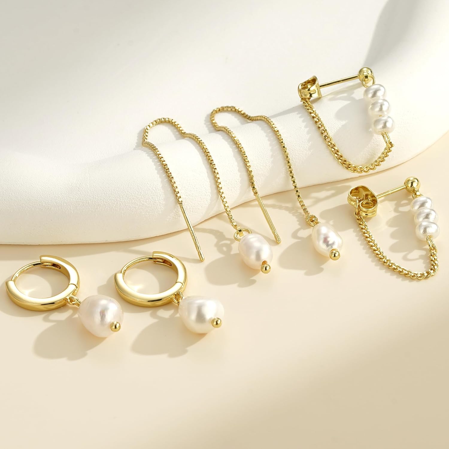 Turandoss Pearl Earrings Set for Women, Dangle Hoop Earrings, Mismatched Threader & Stud Earrings, 14K Gold Plated Jewelry for Multiple Piercings - Image 6