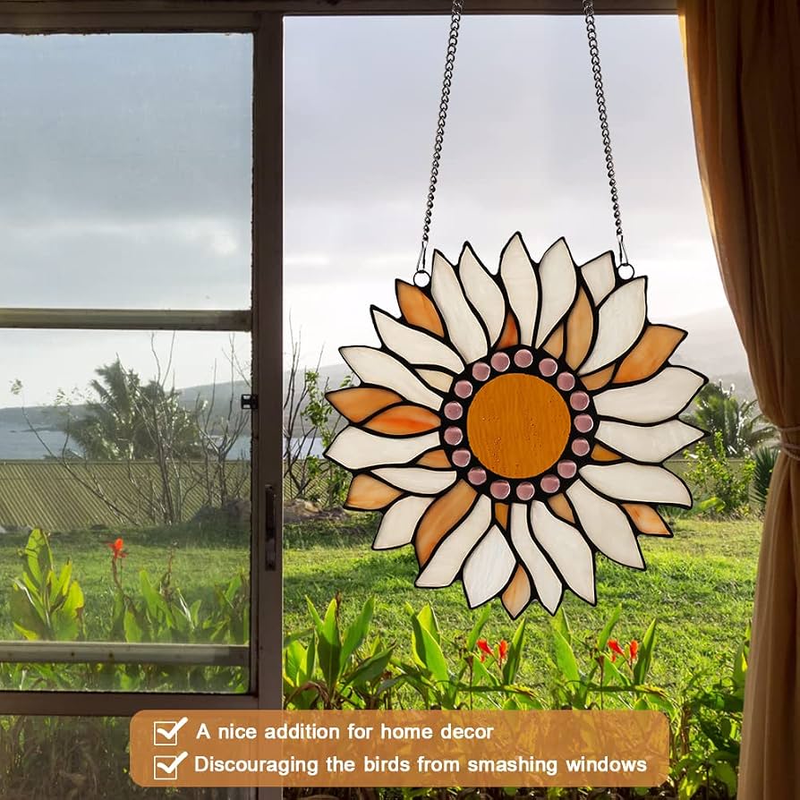 Capulina Buntglas-Fensterbehang „Sonnenblumen & Kolibris“ – Handgefertigt, Tiffany-Stil, Ca. 42 X 21 Cm