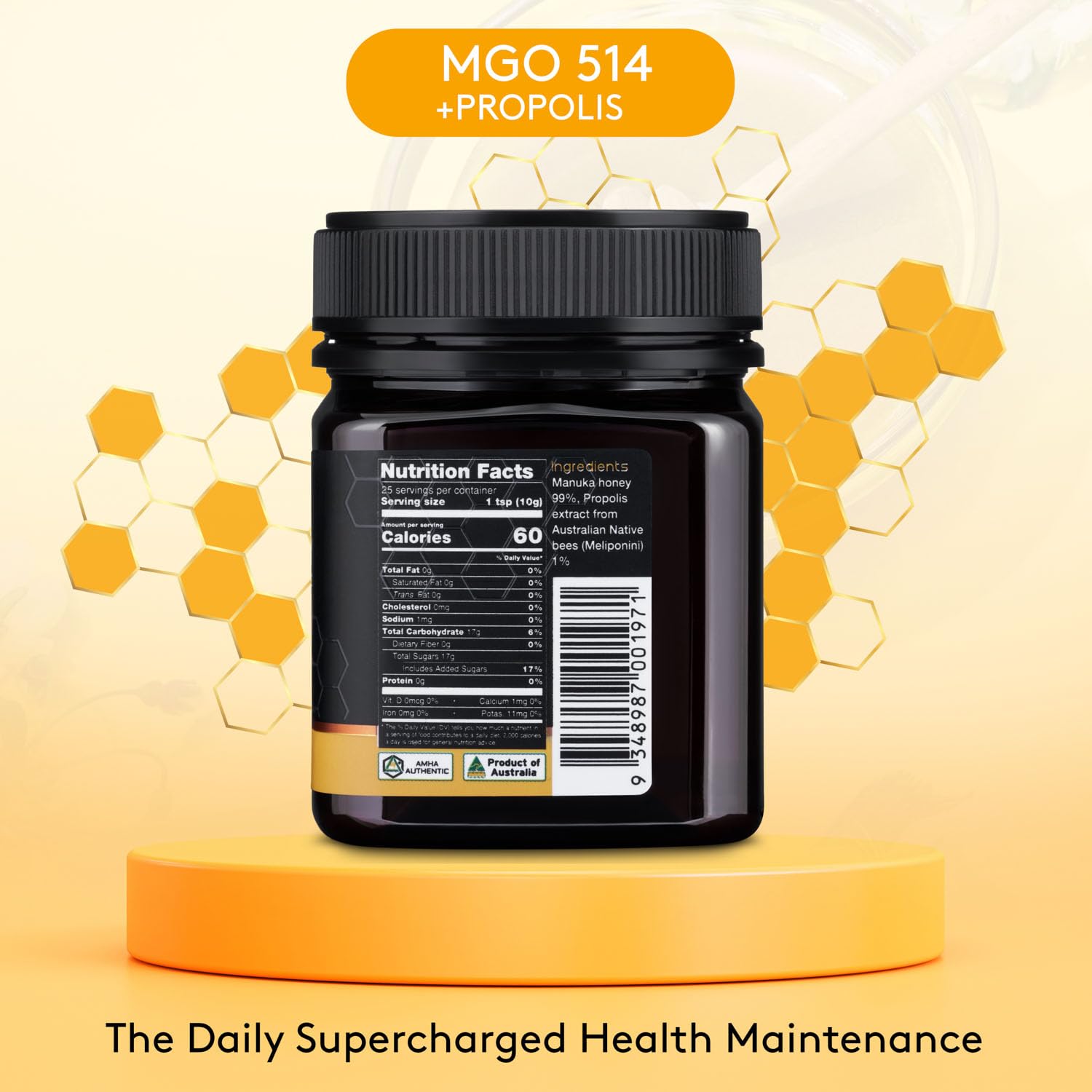 Nature’s Gold Raw Manuka Honey with Australian Native Bee Propolis, MGO 514+ | 8.8oz (250g), 100% Pure Genuine Traceable Hive to Home