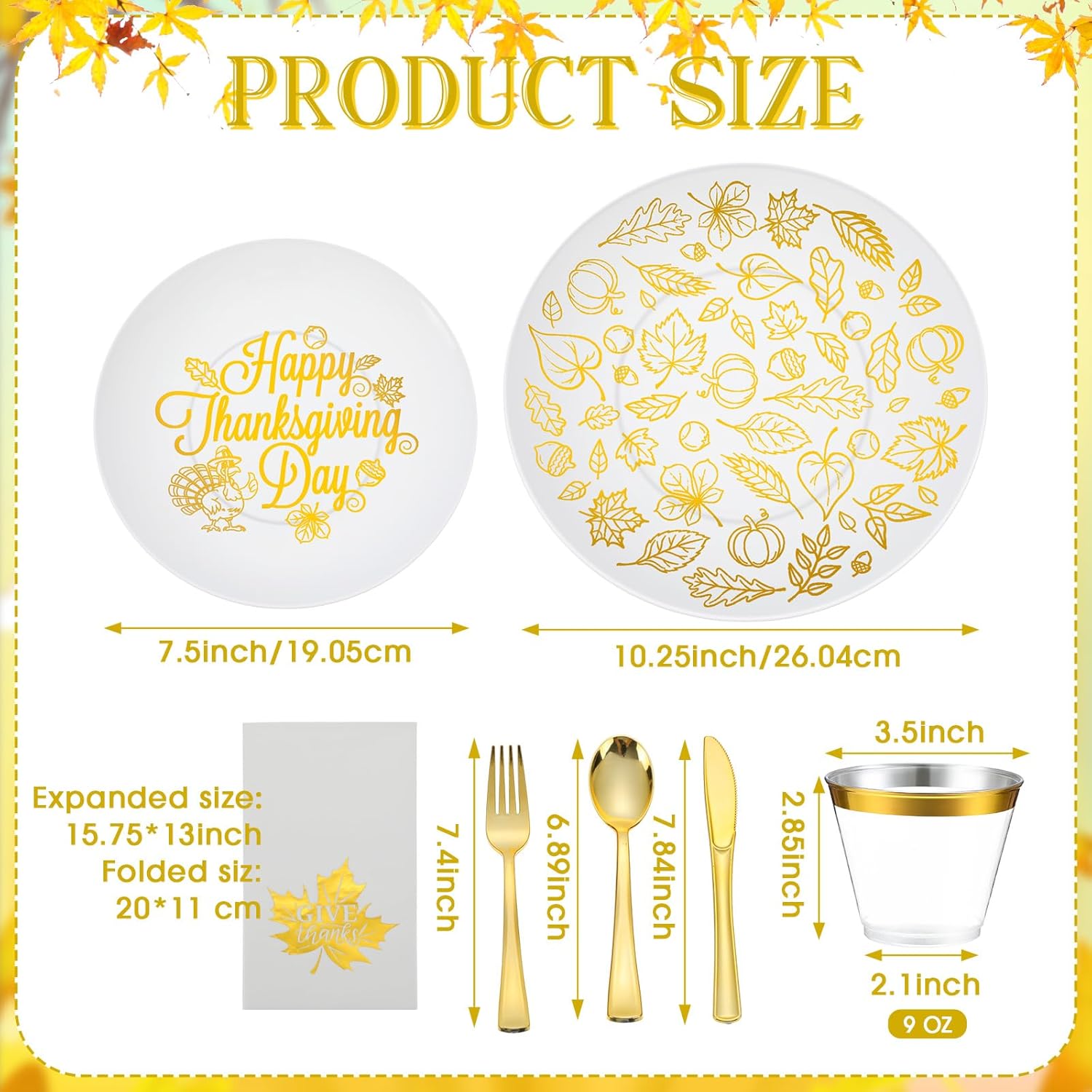 Pickmesh 210 Pcs Thanksgiving Plastic Dinnerware Set, Disposable Plates Includes 30 Dinner Plates 30 Cups 30 Dessert Plates 30 Paper Napkins 30 Forks Knives Spoons Supplies for Thanksgiving Day