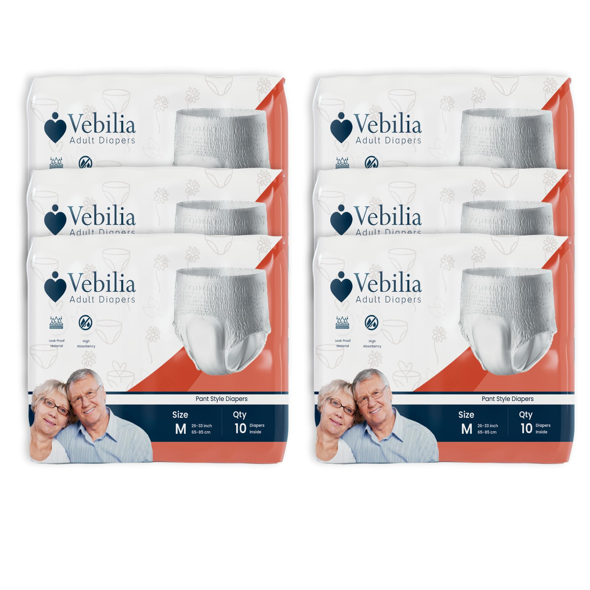 Vebilia Adult Diaper Pant style - Size M - (Pack of 6) with High Absorbency, LeakProof Design, Elastic Waist, Incontinence Underwear