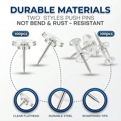 Miniatura 2 de 200 tachuelas para pulgares pasador transparente para tablón de anuncios, cabeza de plástico y punta de acero, chinchetas reutilizables de corcho