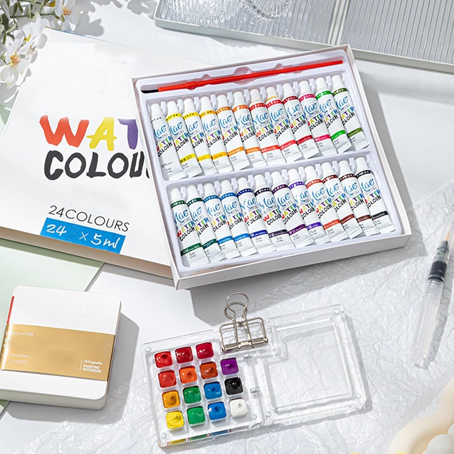 Set Mini Tavolozze Acquerello 8 Pezzi | In Legno Con Carta, Pennelli E Clip | Per Viaggi E Arte - Foto 4