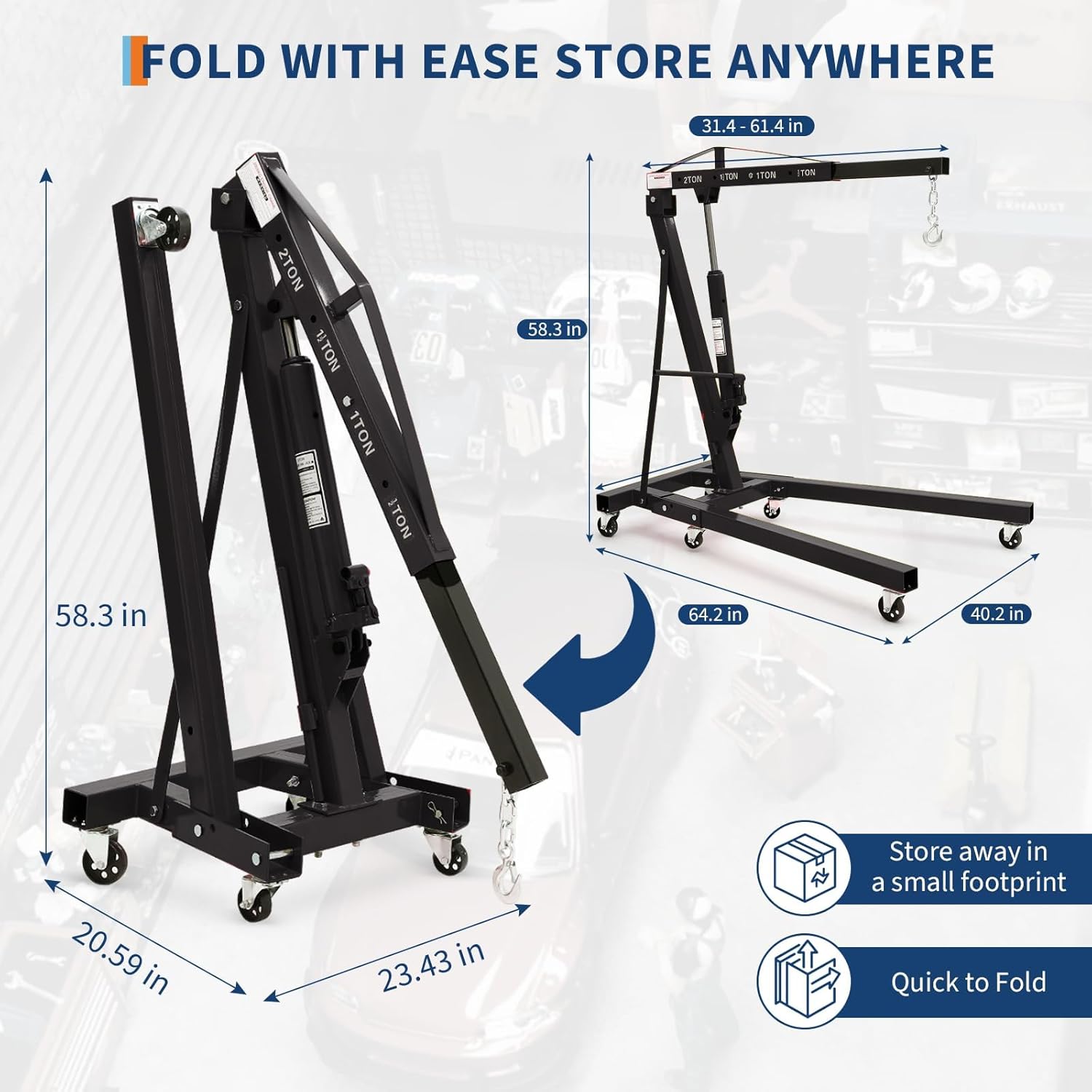 2 Ton Folding Hydraulic Engine Hoist with 59 in Load Leveler 4400 LBS Capacity Heavy Duty Cherry Picker 6 Swivel Wheels,Engine Support Bar 1100 LBS Capacity for Garage Workshop Warehouse Black