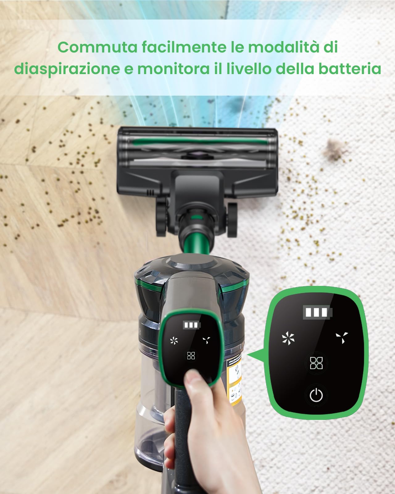 40KPa Aspirapolvere Senza Fili Potente,Scopa Elettrica Senza Fili Potente 50minuti e display a LED,Scope elettriche,Aspirapolvere Portatile,Aspirapolvere per Pavimenti/Tappeti/Peli Animali,Verde