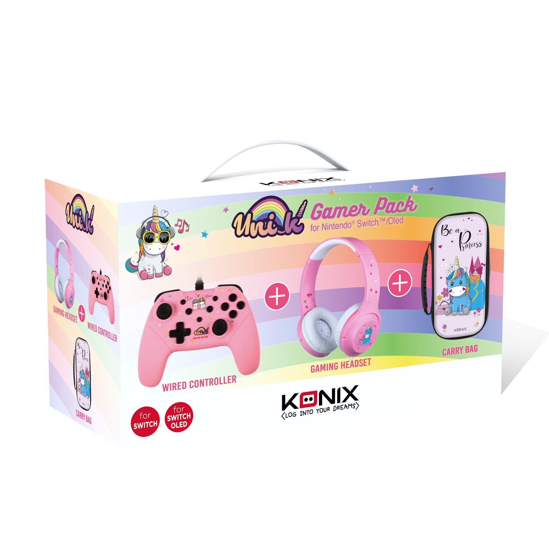 Konix Unik Gaming Accessory Pack for Nintendo Switch Console - Headset - Be Funky Controller - Be Princess Cover