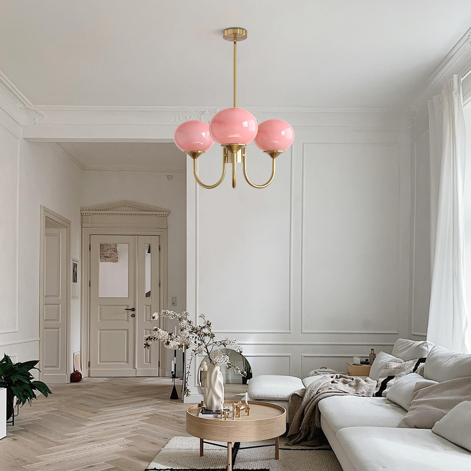 BOKT Modern Pink Sputnik Chandelier Brushed Gold Globe Sputnik Light Fixture 3 Light Mid Century Glass Pendant Lights Height Adjustable Vintage Large Ball Chandeliers Light