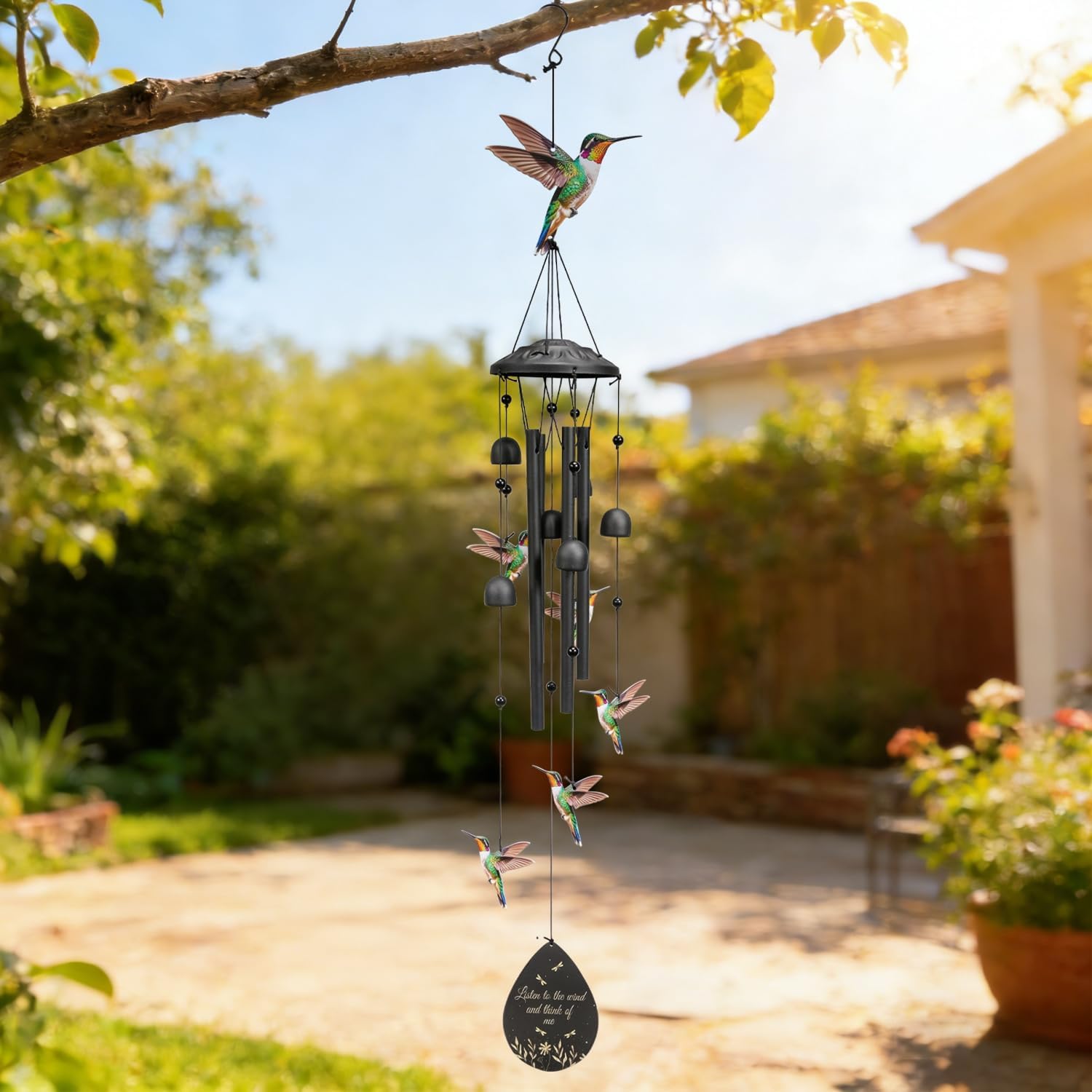 Hummingbird Wind Chimes Outdoor Durable Black Metal Windchimes Garden Patio Decor Hummingbirds Gifts for Women/Men, Garden/Yard Decor, Memorial/Birthday Gifts for Grandma/Mom, Birds Chimes for Outside