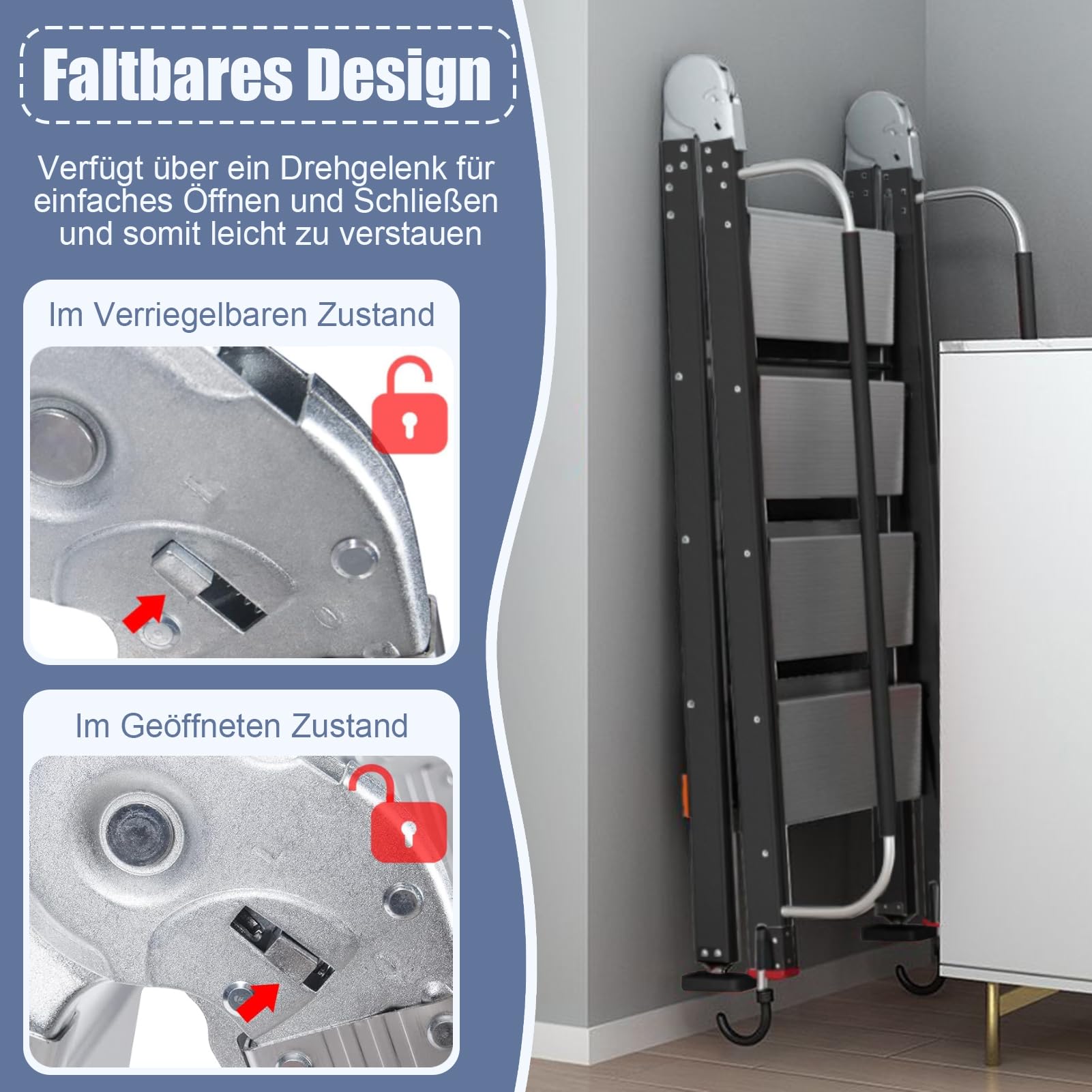 Klappbare Dachbodentreppe mit Handlauf ＆ Haken, 3–3,2m Deckenhöhe Aluminium-Bodentreppe, 12-stufige Dachbodenleitern mit Rutschfesten Stufen ＆ Fußpolstern, Tragfähigkeit 150kg