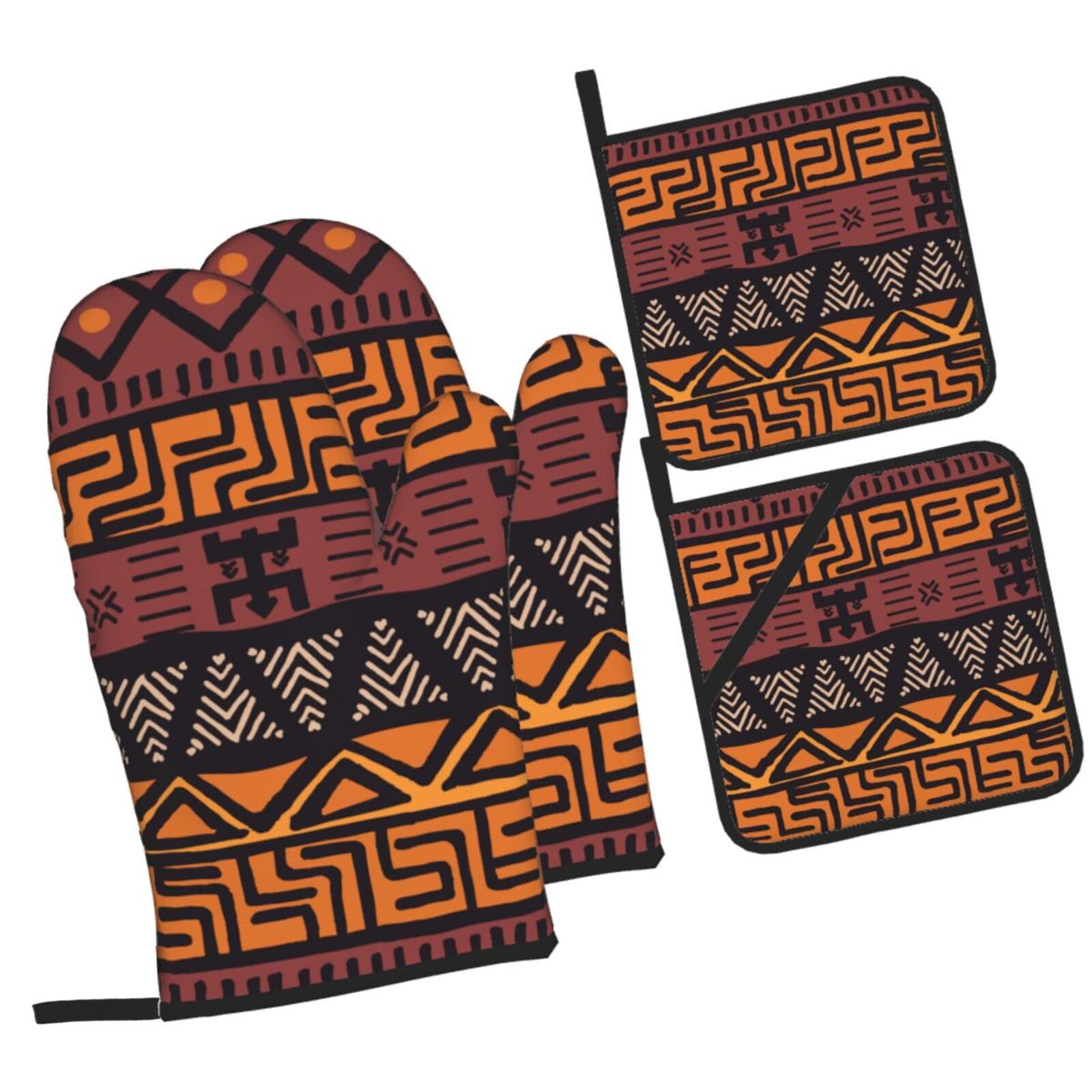 African Mud Cloth Tribal Printed Oven Mitts and Pot Holders Heat Resistant Set of 4 Pcs, Modern Kitchen Gloves & Potholders for Cooking Baking Grilling