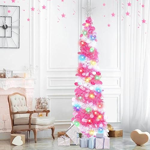 Miniatura 4 de TURNMEON Árbol de Navidad preiluminado de 5 pies con temporizador, 50 luces cálidas, estrella de oropel delgado con purpurina, decoración de árbol