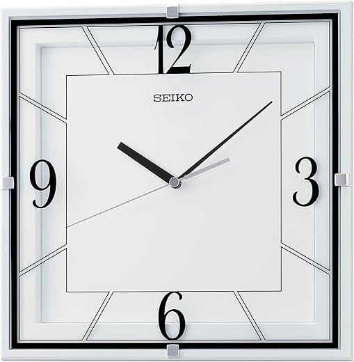 SEIKO QXA821WRH Square Glass Printed Non Ticking Wall Clock, White, 11 Inch