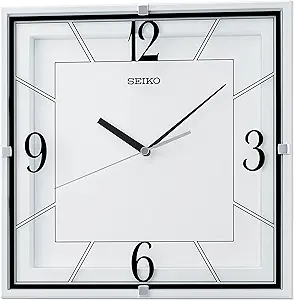Seiko QXA821WRH Square Glass Printed Non Ticking Wall Clock, White, 11 Inch