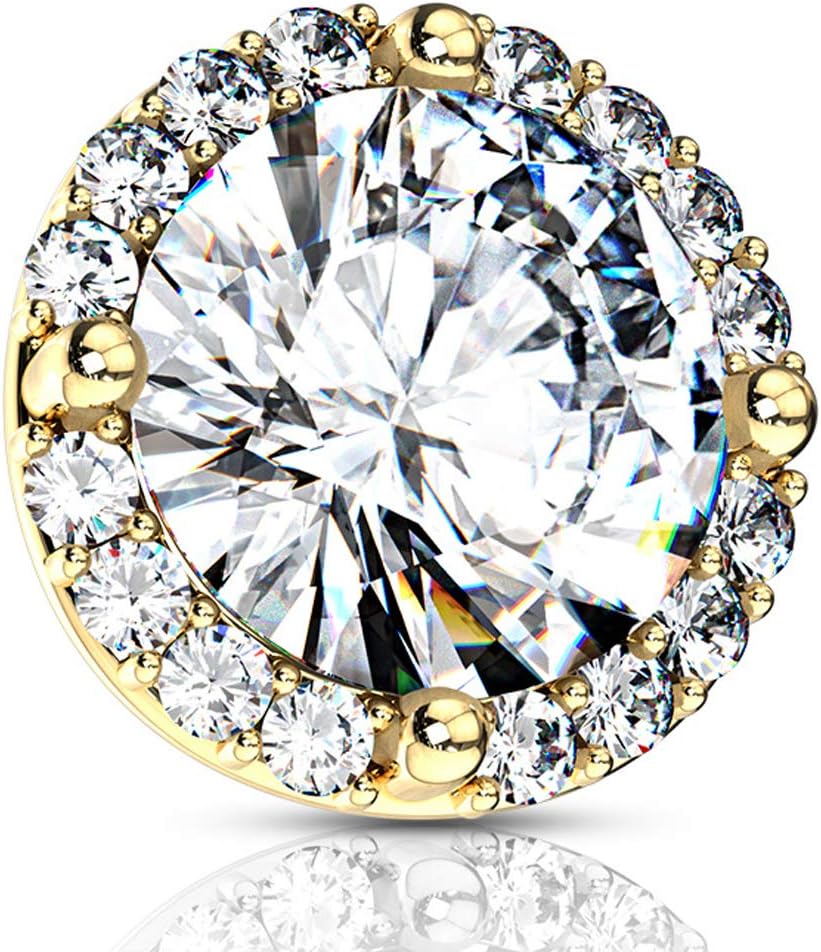 FIFTH CUE 14G Dermal Tops with Large 8.4mm Prong Set Cubic Zirconia Center, Gold Plated Surgical Steel Dermal Piercing Jewelry Tops, Rhodium/14Kt Gold Plated