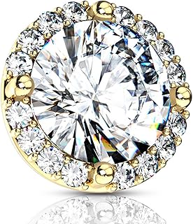 14G Dermal Tops with Large 8.4mm Prong Set Cubic Zirconia Center, Gold Plated Surgical Steel Dermal Piercing Jewelry Tops, Rhodium/14Kt Gold Plated