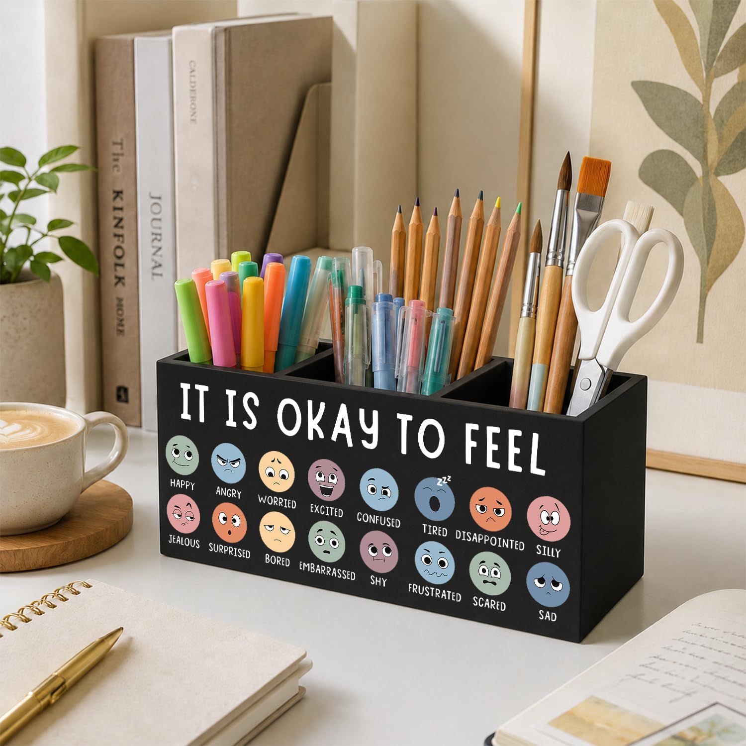 Mental Health Feelings Chart Pen Holder for Desk, Counselor Office Must Haves, Emotions Chart Wooden Box Sign Desk Organizer for Kids Room Classroom Therapy Office Calm Corner image 2