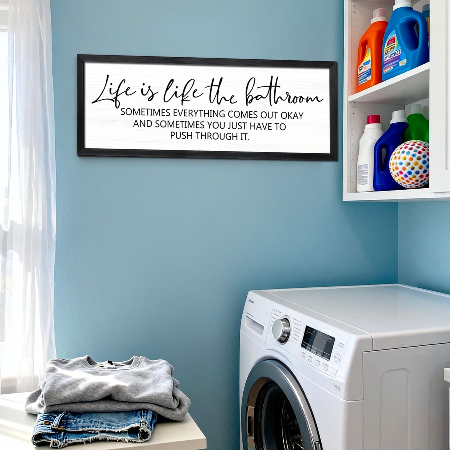 Life is Like the Bathroom Wooden Sign Framed Wall Art, 32''×12'' Horizontal Inspirational Quote Wood Plaque above the Bathtub, Farmhouse Long Motivational Saying Wood Sign Wall Decor for Bathhouse (Life is Like the Bathroom, Black, 32"x12")
