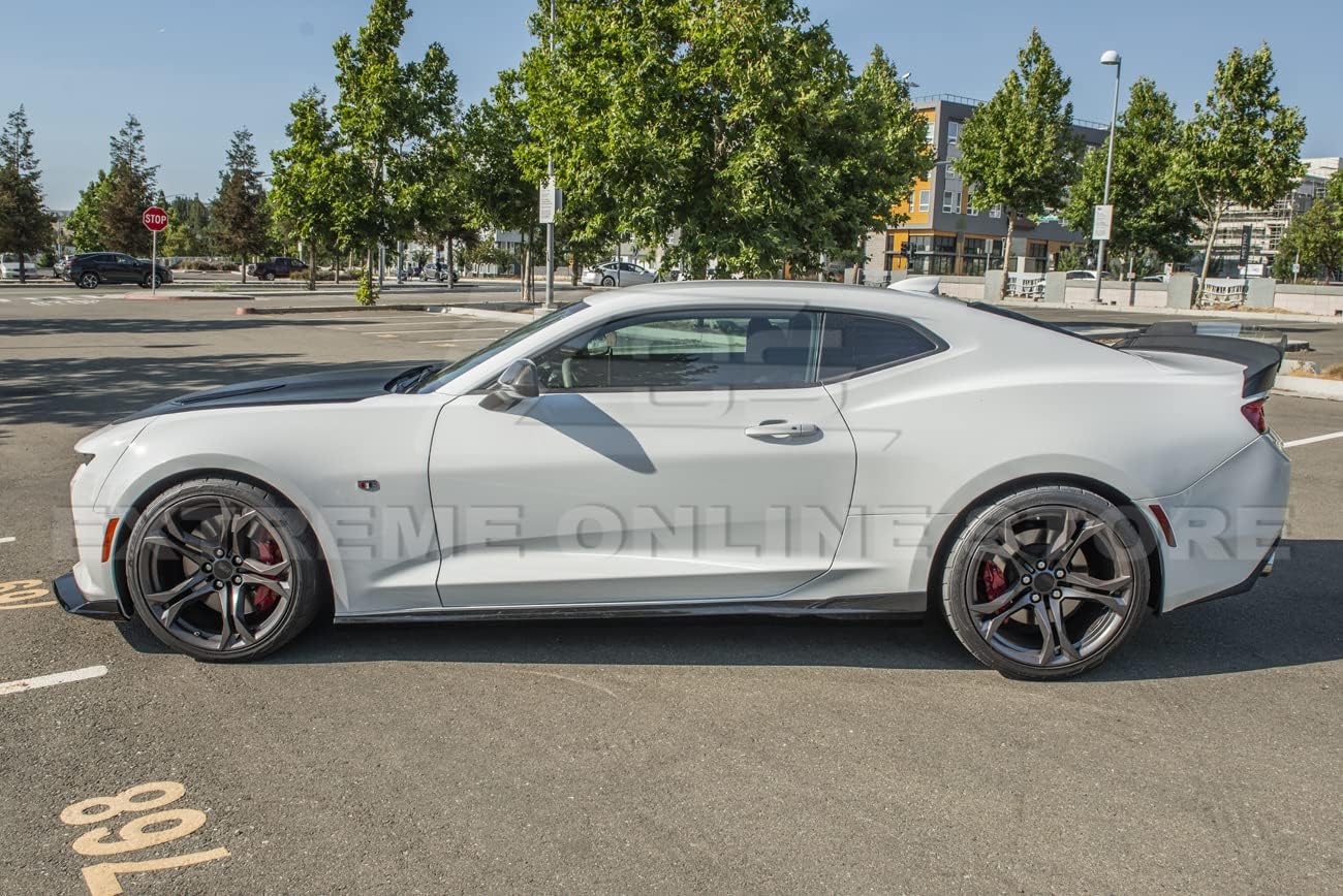 Replacement for 2016-Present Chevrolet Camaro LT LS RS SS Models | Second Generation Style ABS Plastic - Painted Glossy Black Side Skirts Rocker Panel Extension Pair