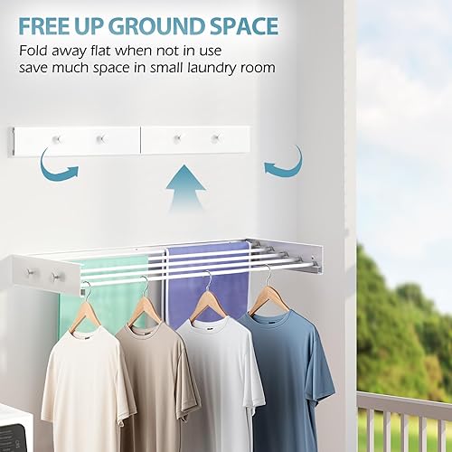 Miniatura 4 de Tendedero montado en la pared de 31.5 pulgadas, 6 ganchos de perilla, 5 postes de aluminio, capacidad de carga de 40 libras, plegable, retráctil,