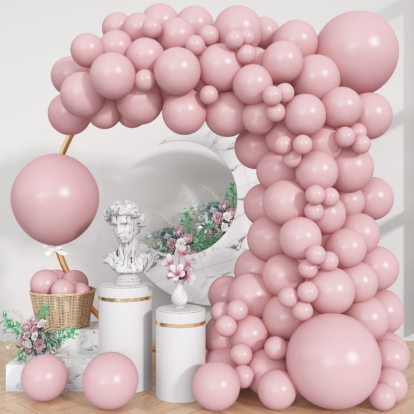 Pink Balloons, 113Pcs Different Sizes Boho Blush Pink Balloon Arch Garland Kit 18/12/10/5 Inch, Dusty Retro Vintage Rose Latex Helium Balloon for Birthday Boho Baby Shower Wedding Party Decorations