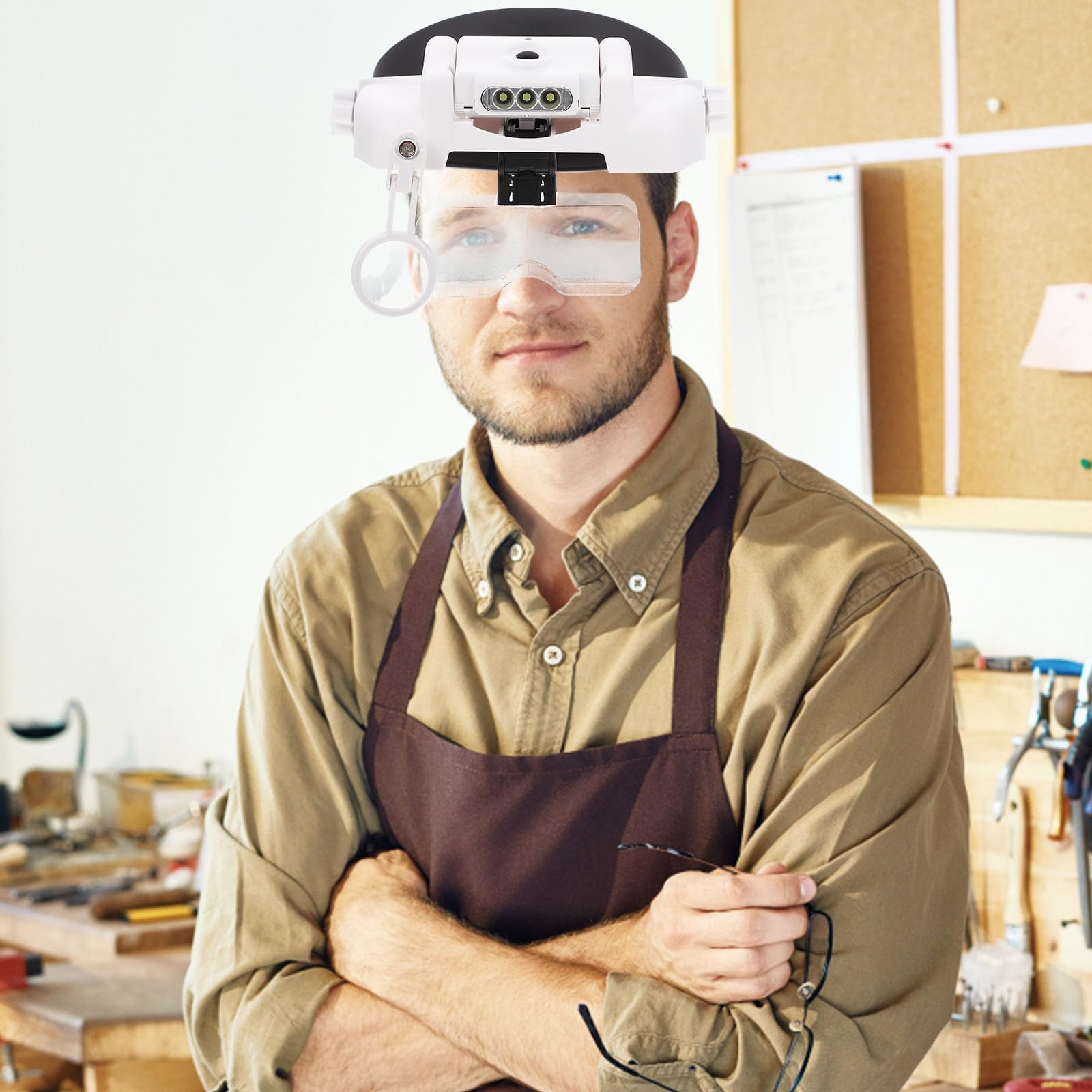 Cabilock Lupa Montada Cabeza Diseño Ergonómico con Luz LED Material Plástico y Vidrio, Aumento Múltiple para Identificación Precisa para Joyería y Extensión de Pestañas