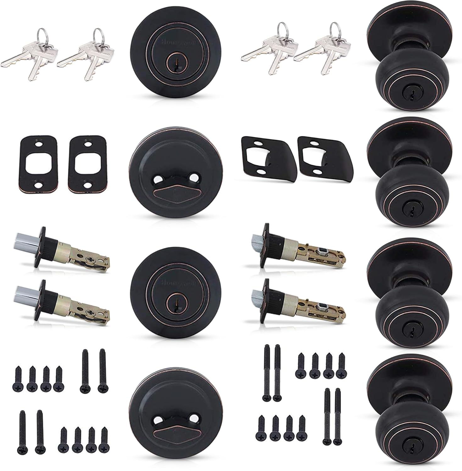 Honeywell Safes & Door Locks - 2 Pack Entry Door Knob with Deadbolt Lock Set for Front Door - Interior/Exterior Door Lock Fit's Standard Size Doors - Anti Bump Resistant - Oil Rubbed Bronze - 8101406