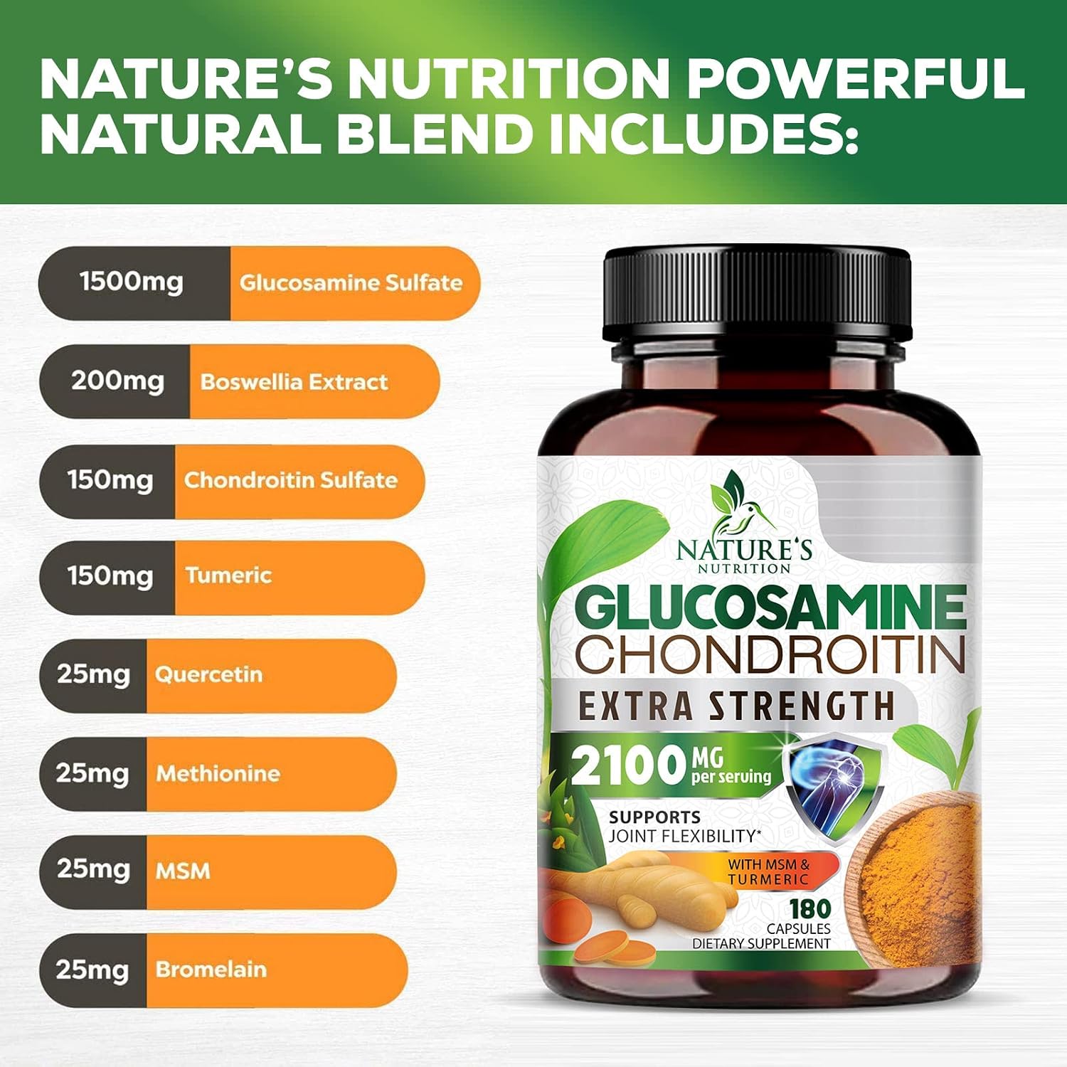 Glucosamine Chondroitin Turmeric Msm Boswellia - Triple Strength Joint Support Glucosamine Sulfate Supplement - Support for Joint Health and Mobility - Includes Quercetin, Bromelain - 180 Capsules