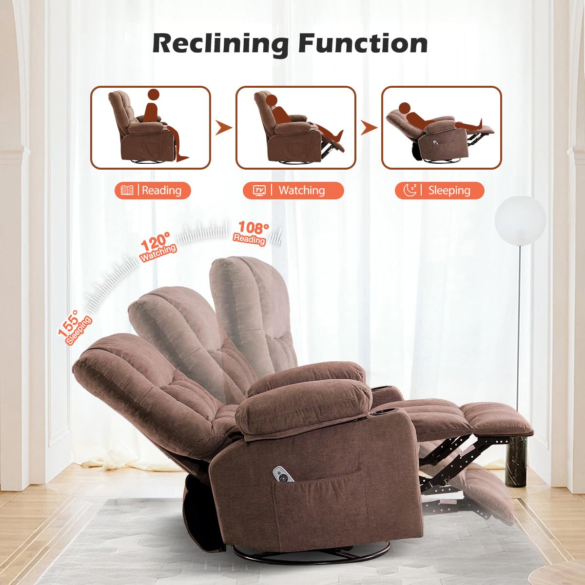 MAHOMICO Recliner Chair with Cup Holders for Living Room Single Seat Manual Oversized Recliner with Ergonomic, Side Pocket for Adult view 7