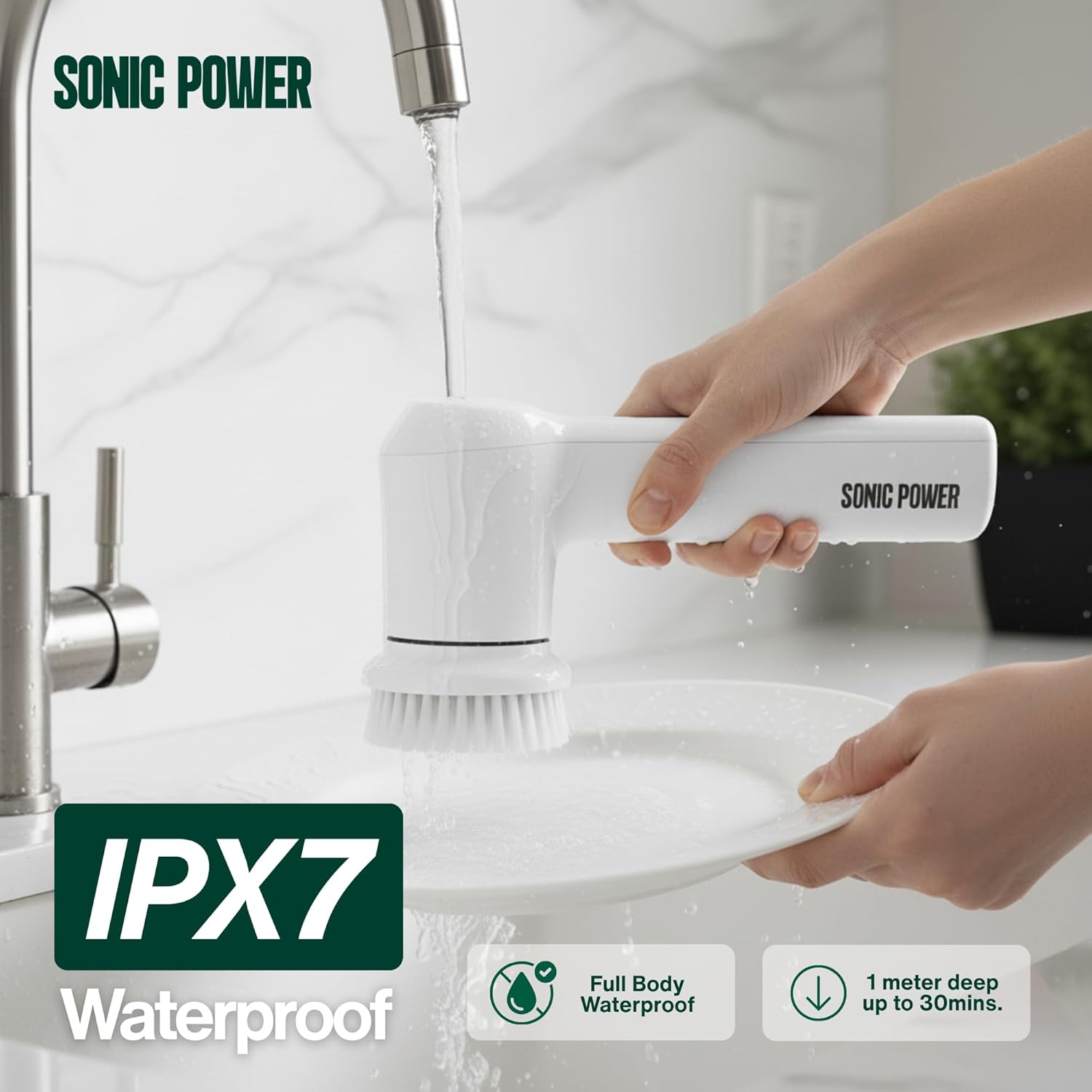 Electric Spin Scrubber – Handheld & Ergonomic, IPX7 Waterproof, 4 Multi-Purpose Brush Heads, Long-Lasting Rechargeable Battery – Cleans Dishes, Bathroom, Tile, Grout & Kitchen (White)