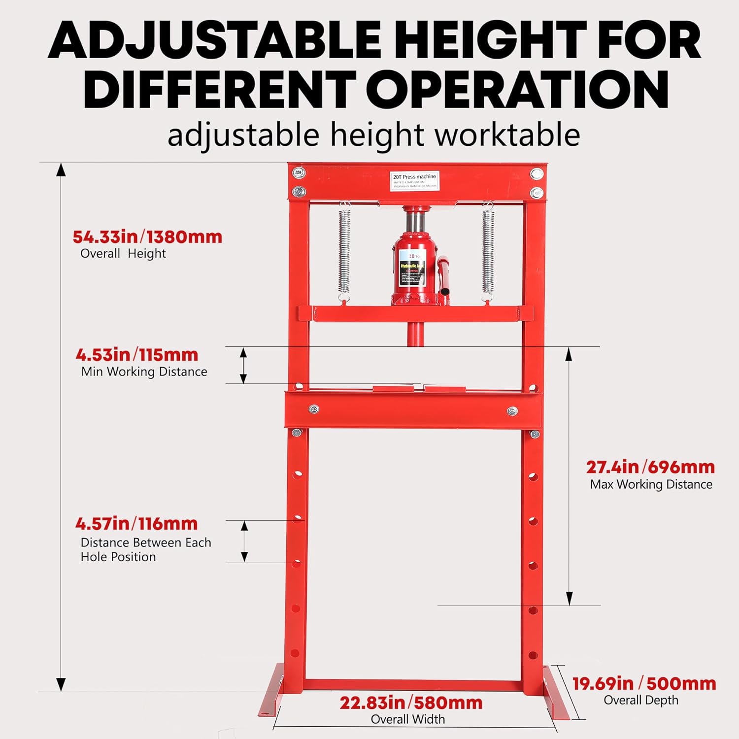 20 Ton Hydraulic H-Frame Shop Press with Adjustable Table & Stamping Plates for Auto Repair, Garage Use, Metalworking, Red