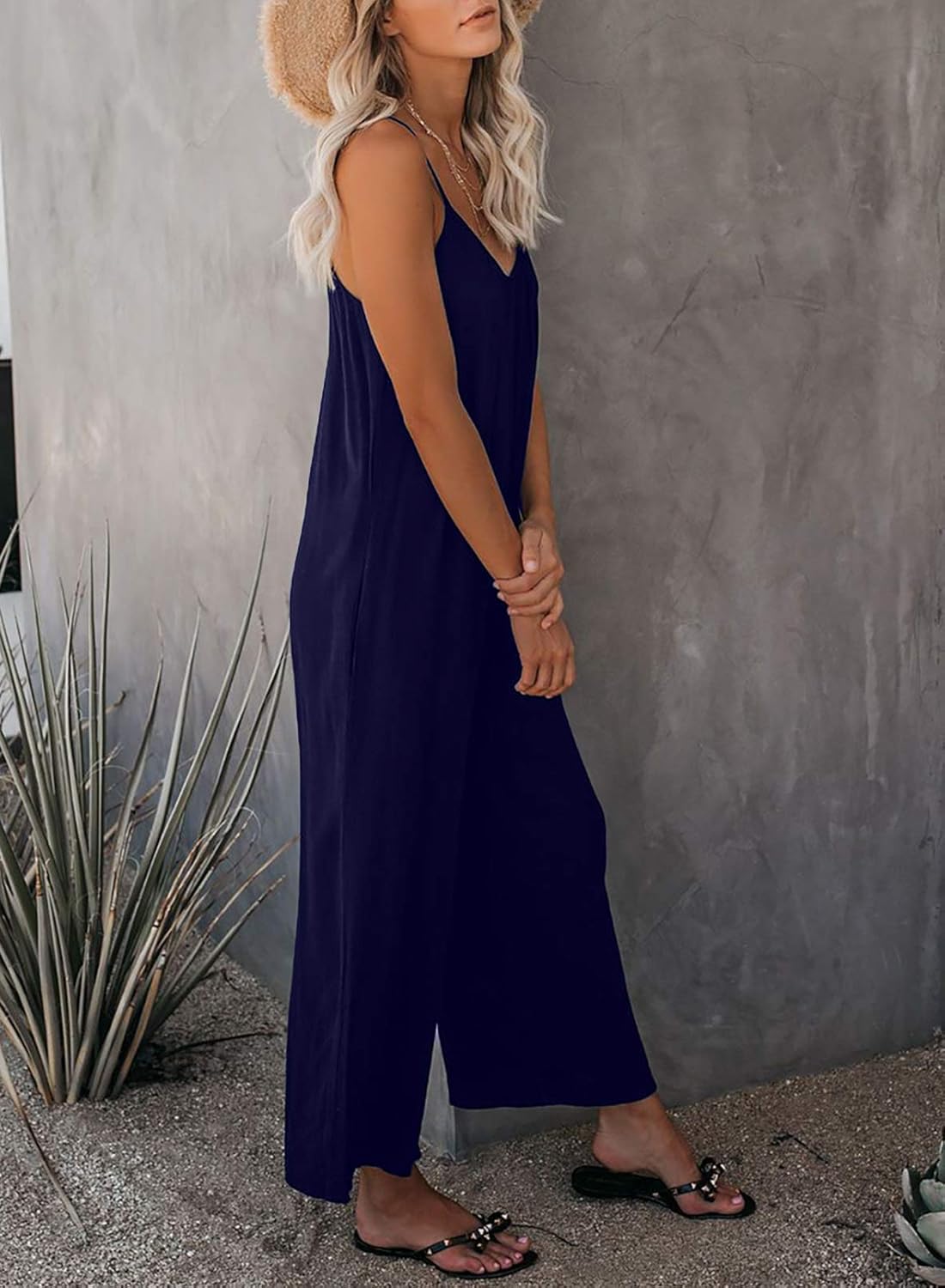 Dokotoo Women's Loose Sleeveless Jumpsuits Adjustable Spaghetti Strap Stretchy Long Pant Romper Jumpsuit with Pockets