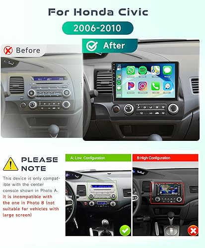 Miniatura 2 de 【4G+64G】 para Honda Civic 2006 2007 2008 2009 2010 2011 Radio estéreo de coche, 10.1 pulgadas, pantalla táctil IPS inalámbrica CarPlay Android Auto