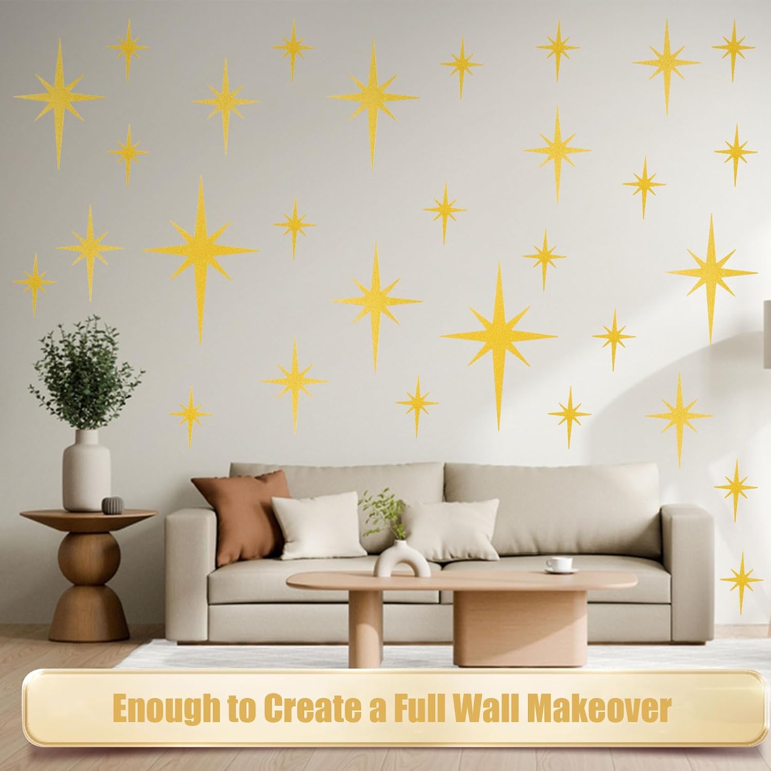 MixTeach 100Pcs Giltter Starburst Cutouts Gold Paper Retro Atomic Stars 4 Sizes Sparkle Mid Century Modern Star Decor Wall Decals for Wedding Anniversaries Party Home School Office Decor