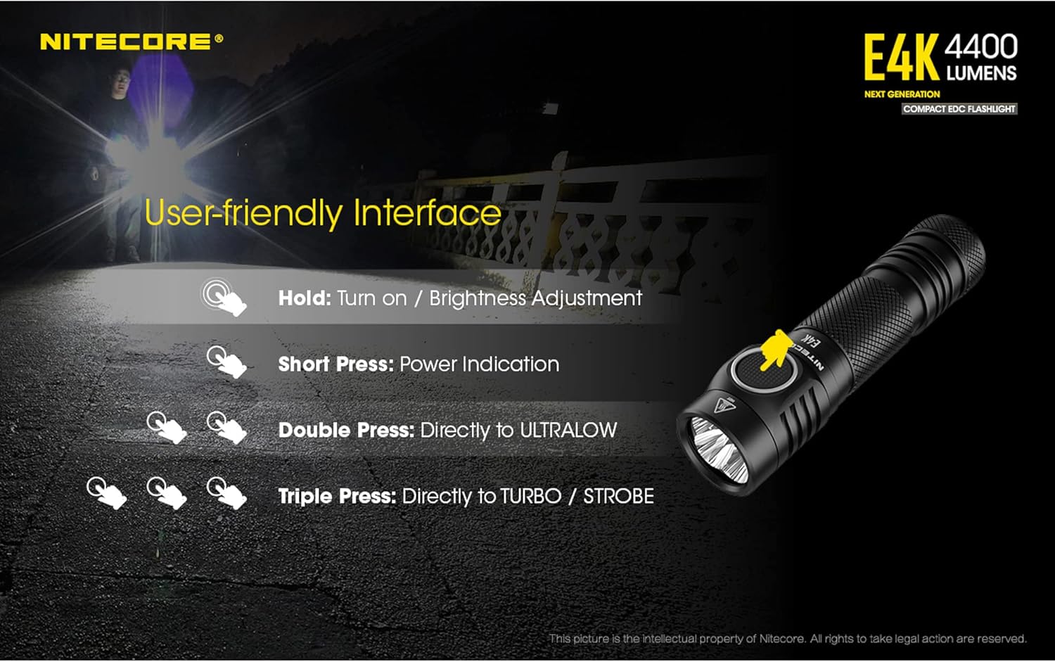 Diagram illustrating Nitecore E4K user interface: Hold for On/Brightness, Short Press for Power Indication, Double Press for Ultralow, Triple Press for Turbo/Strobe.