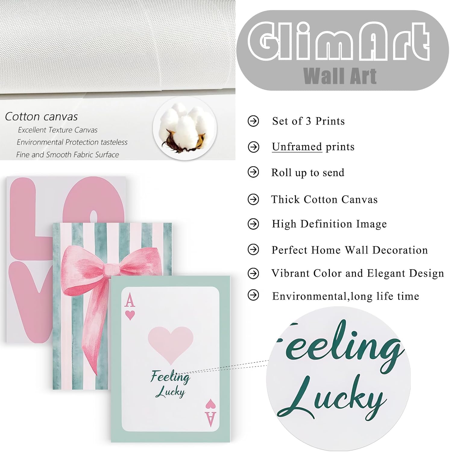 3 Piece Coquette Pink Bow Canvas Art Prints Pink Love Wall Art Aesthetic Preppy College Apartment Paintings Green Style for Home Bathroom Dormitory Bedroom Living Room Decor 16x24 inches Unframed